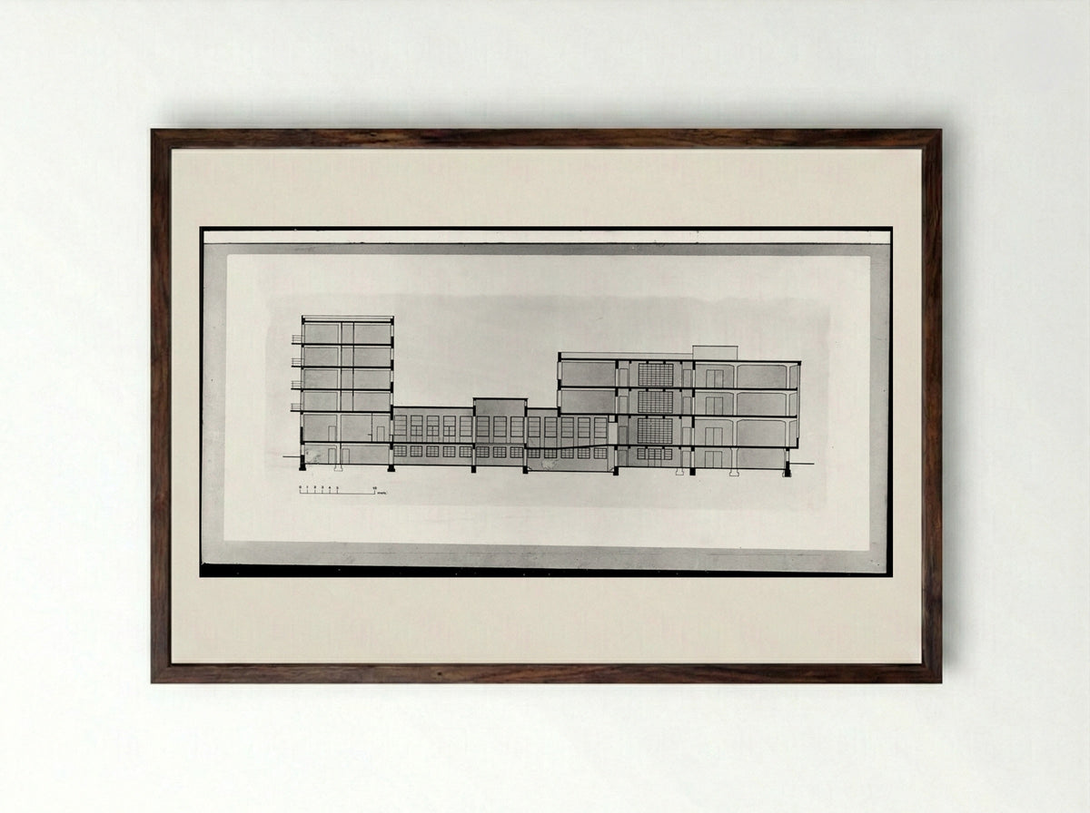 Bauhaus Building, Dessau: East-West Section - Walter Gropius - Framed Print Dark Wood