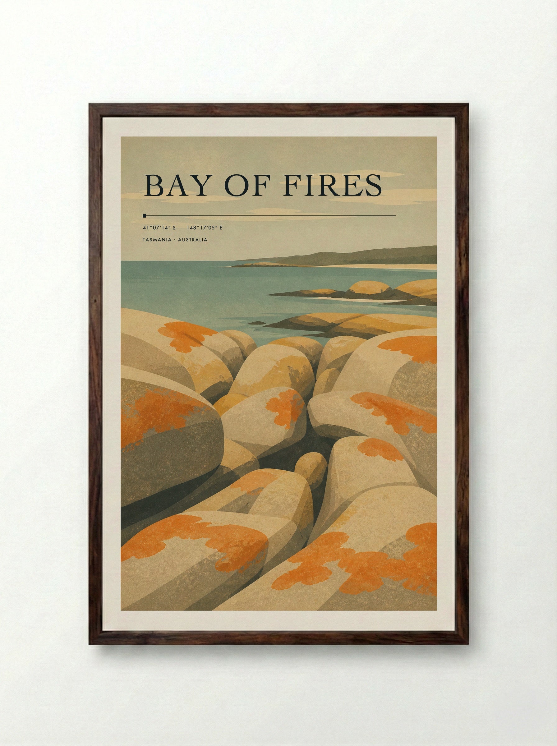 Bay of Fires Travel Poster Artwork - Framed Print Dark Wood