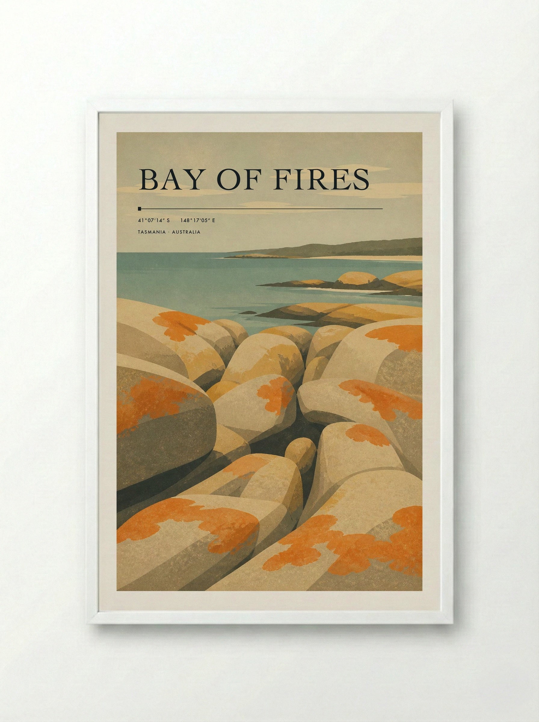 Bay of Fires Travel Poster Artwork - Framed Print White