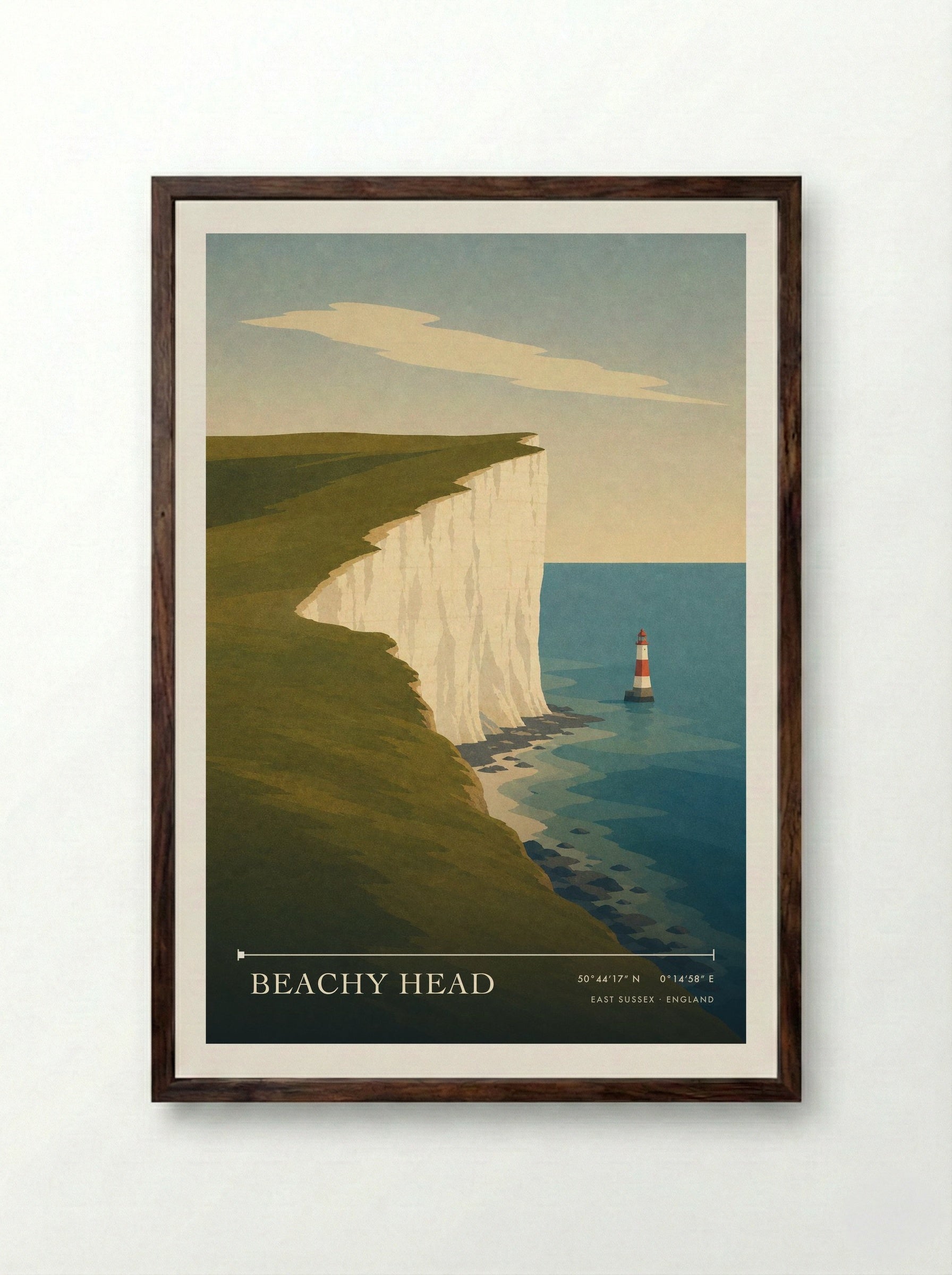Beachy Head Travel Poster Artwork - Framed Print Dark Wood