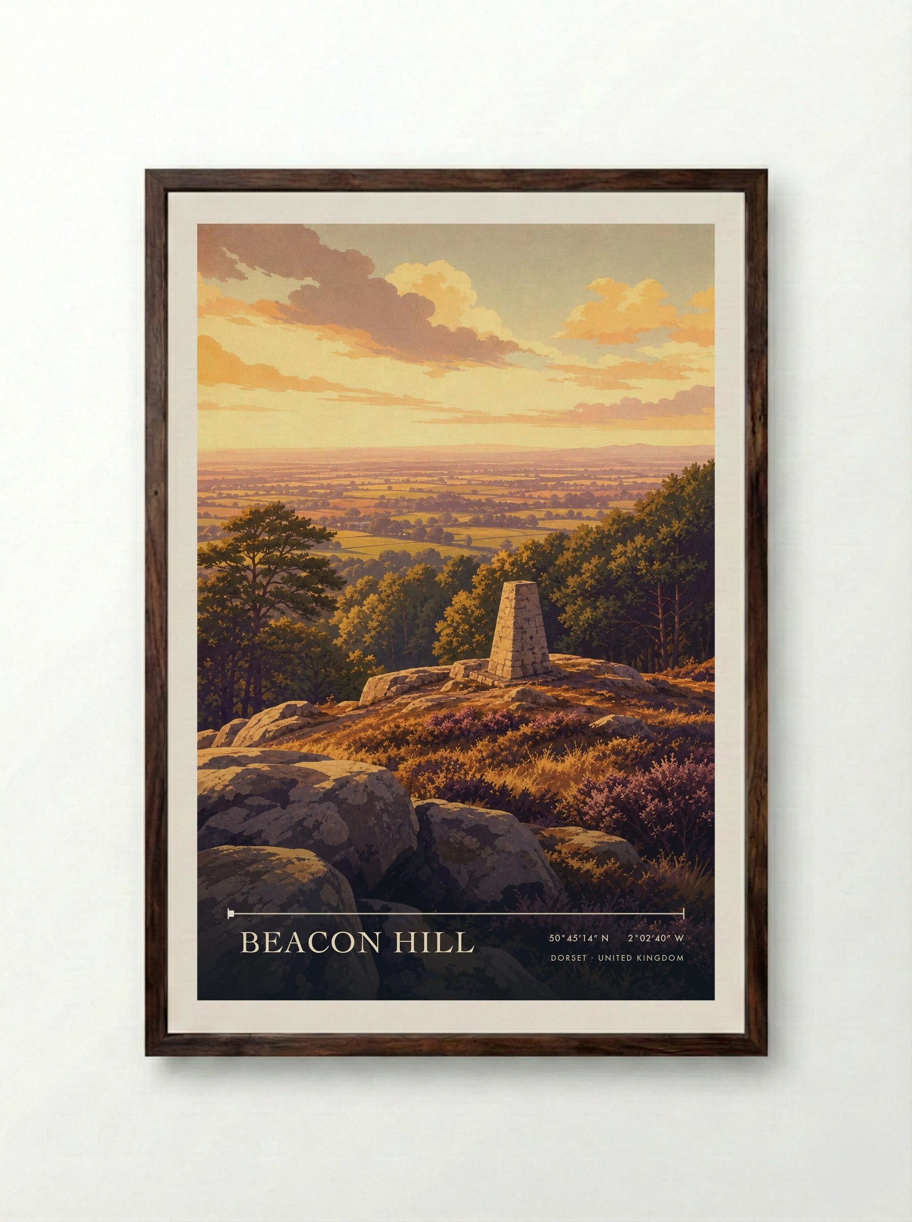 Beacon Hill Dorset United Kingdom Travel Poster - Framed Print Dark Wood