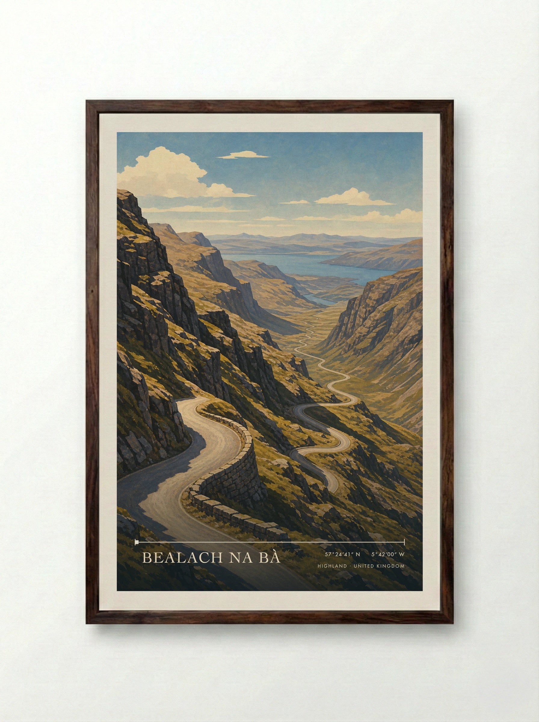 Bealach na Bà Highland United Kingdom Travel Poster - Framed Print Dark Wood