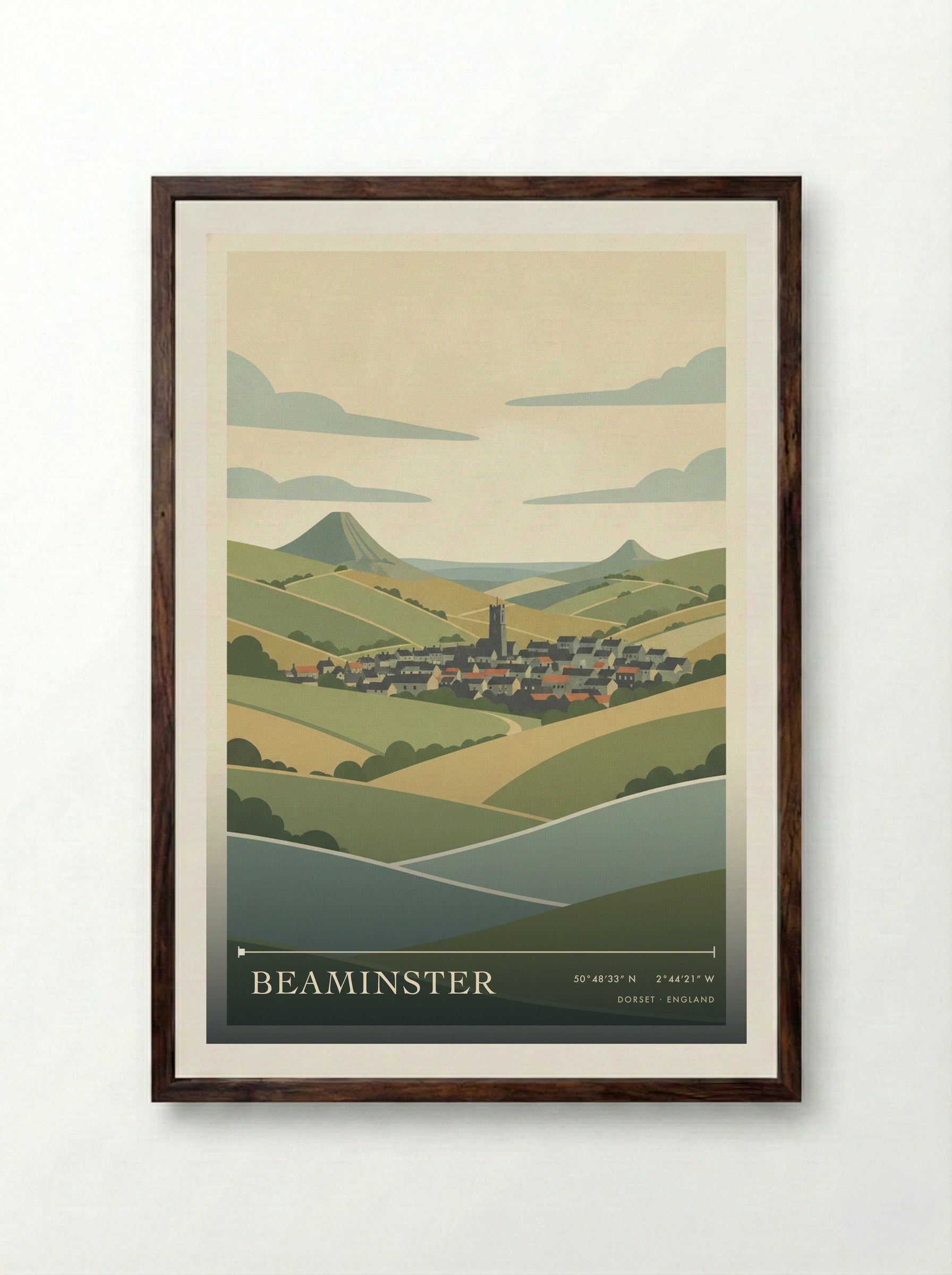 Beaminster Dorset England Travel Poster - Framed Print Dark Wood