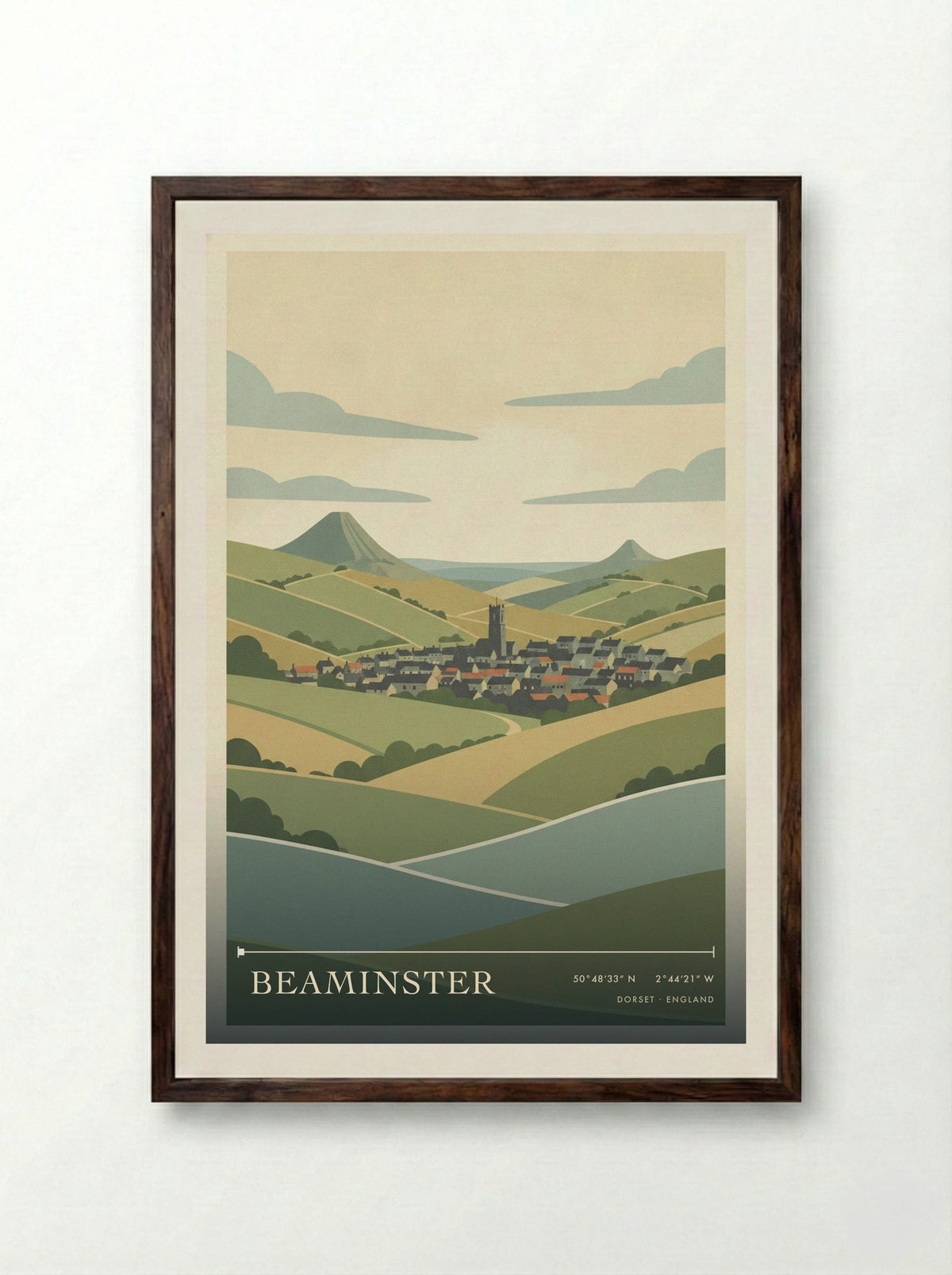 Beaminster Dorset England Travel Poster - Framed Print Dark Wood