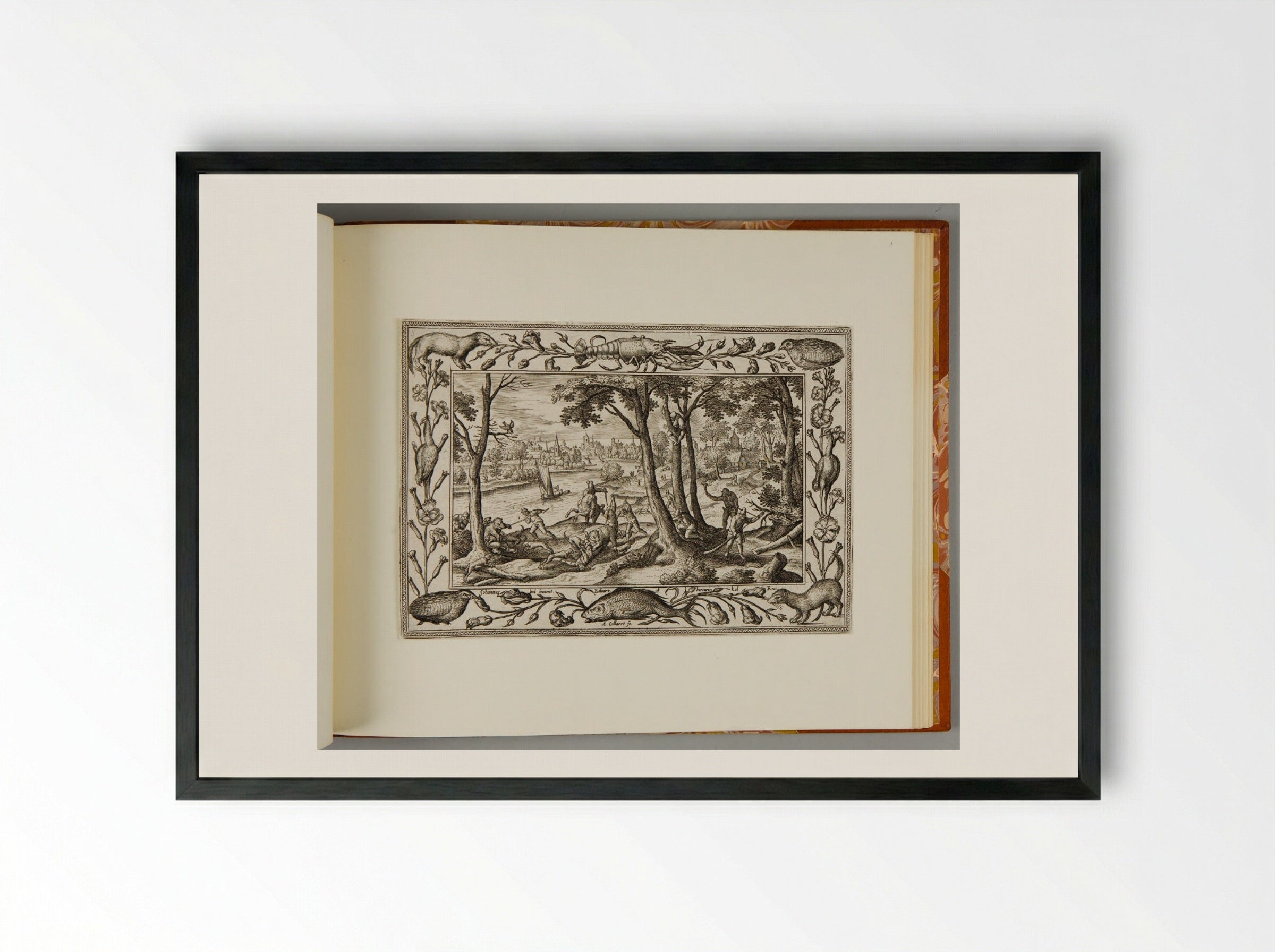 Bear Hunt, with Lobster, Quail, Weasel, and Fish - Adriaen Collaert - Framed Print Black