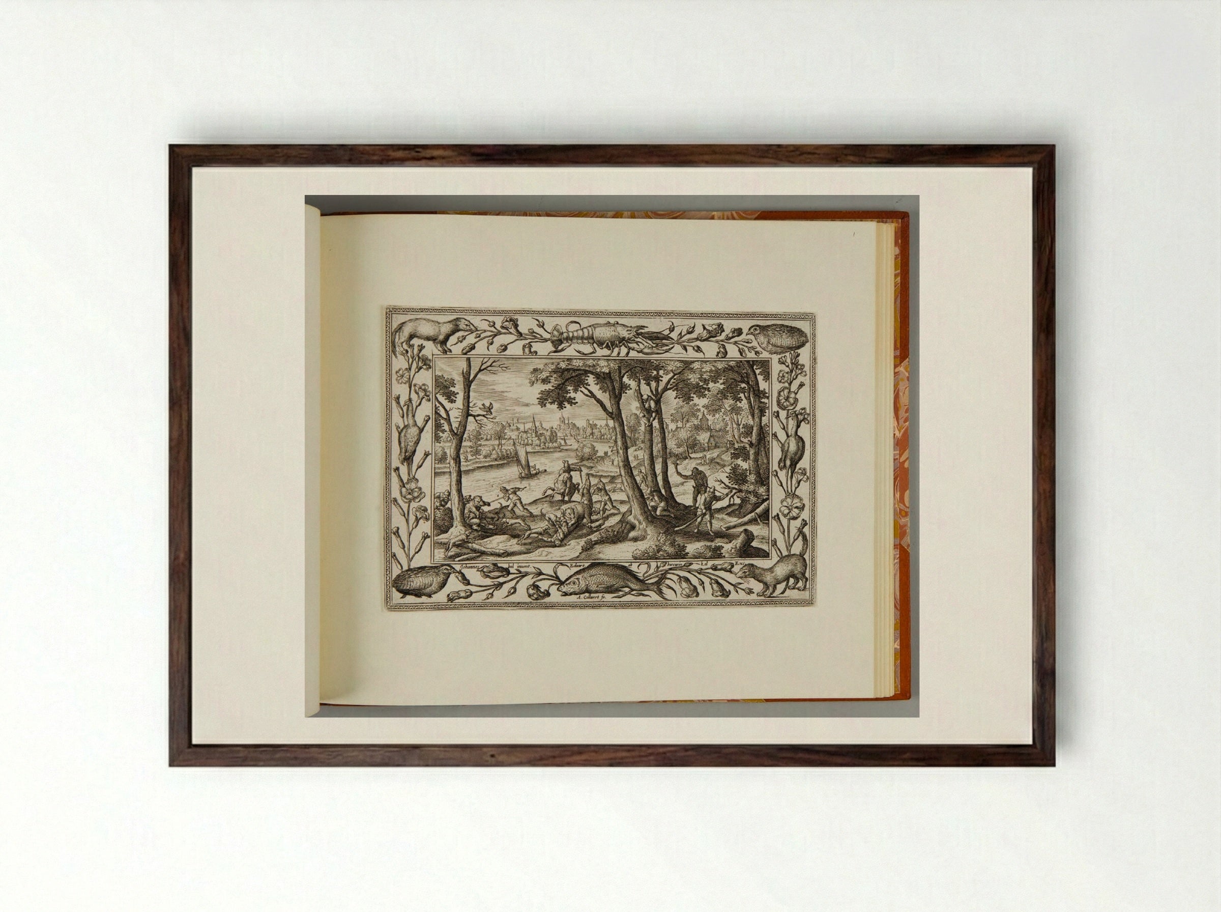 Bear Hunt, with Lobster, Quail, Weasel, and Fish - Adriaen Collaert - Framed Print Dark Wood