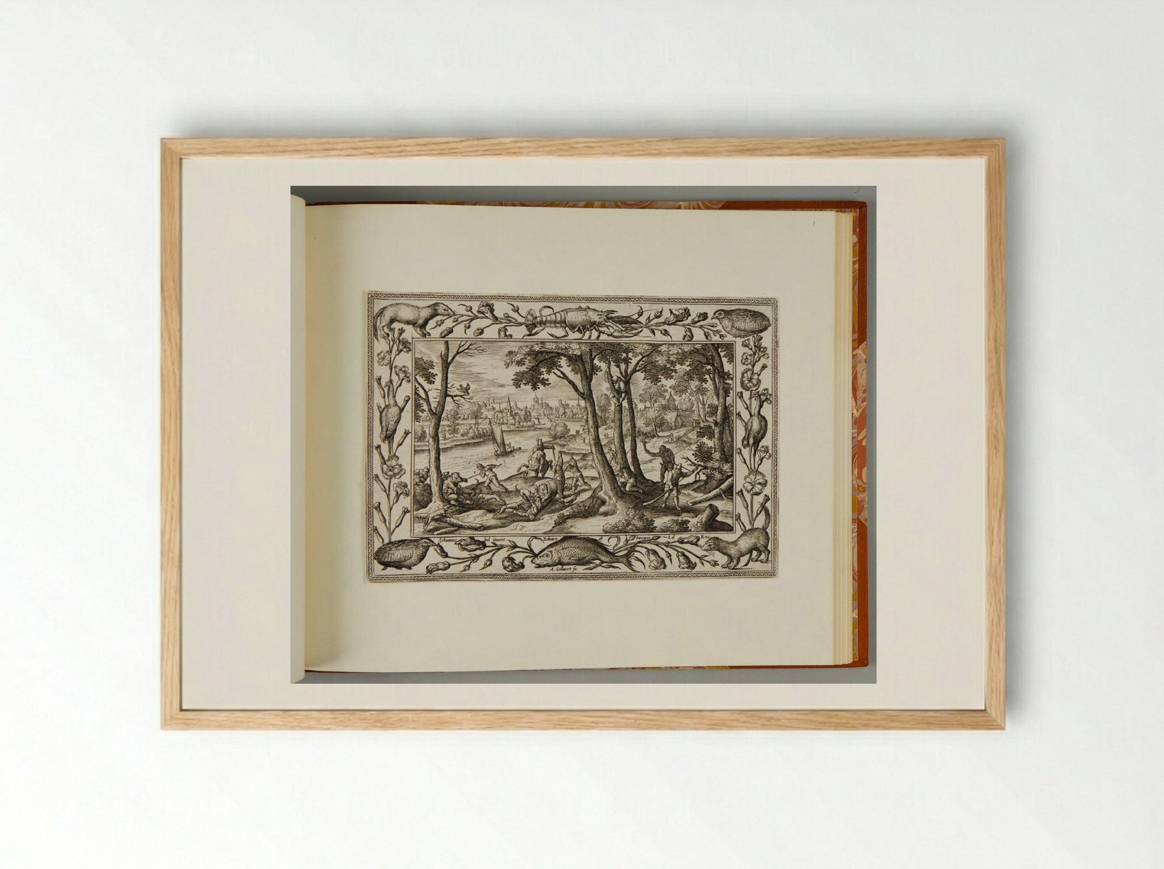 Bear Hunt, with Lobster, Quail, Weasel, and Fish - Adriaen Collaert - Framed Print Wood