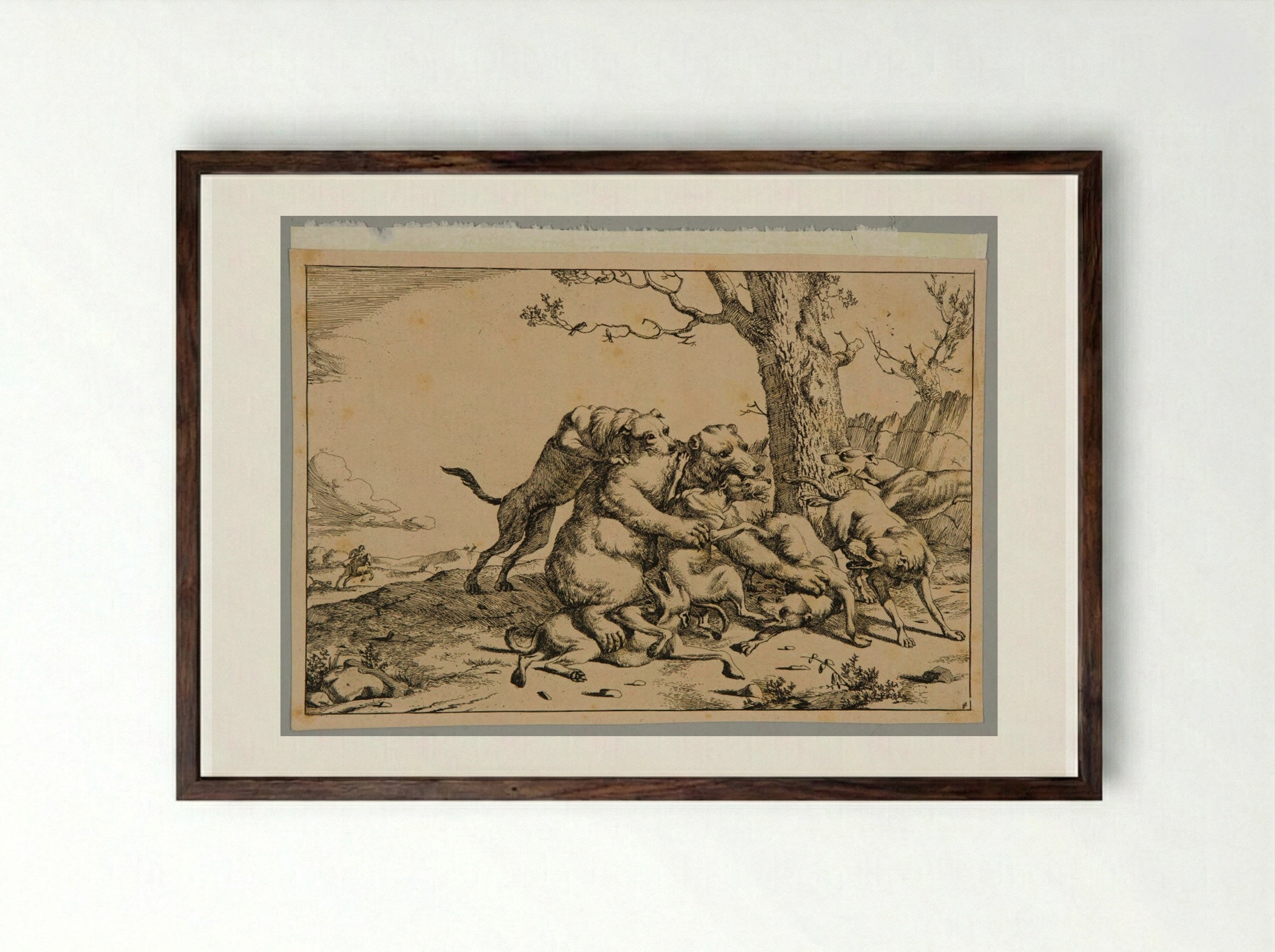 Bear and Dogs - Marcus de Bye - Framed Print Dark Wood