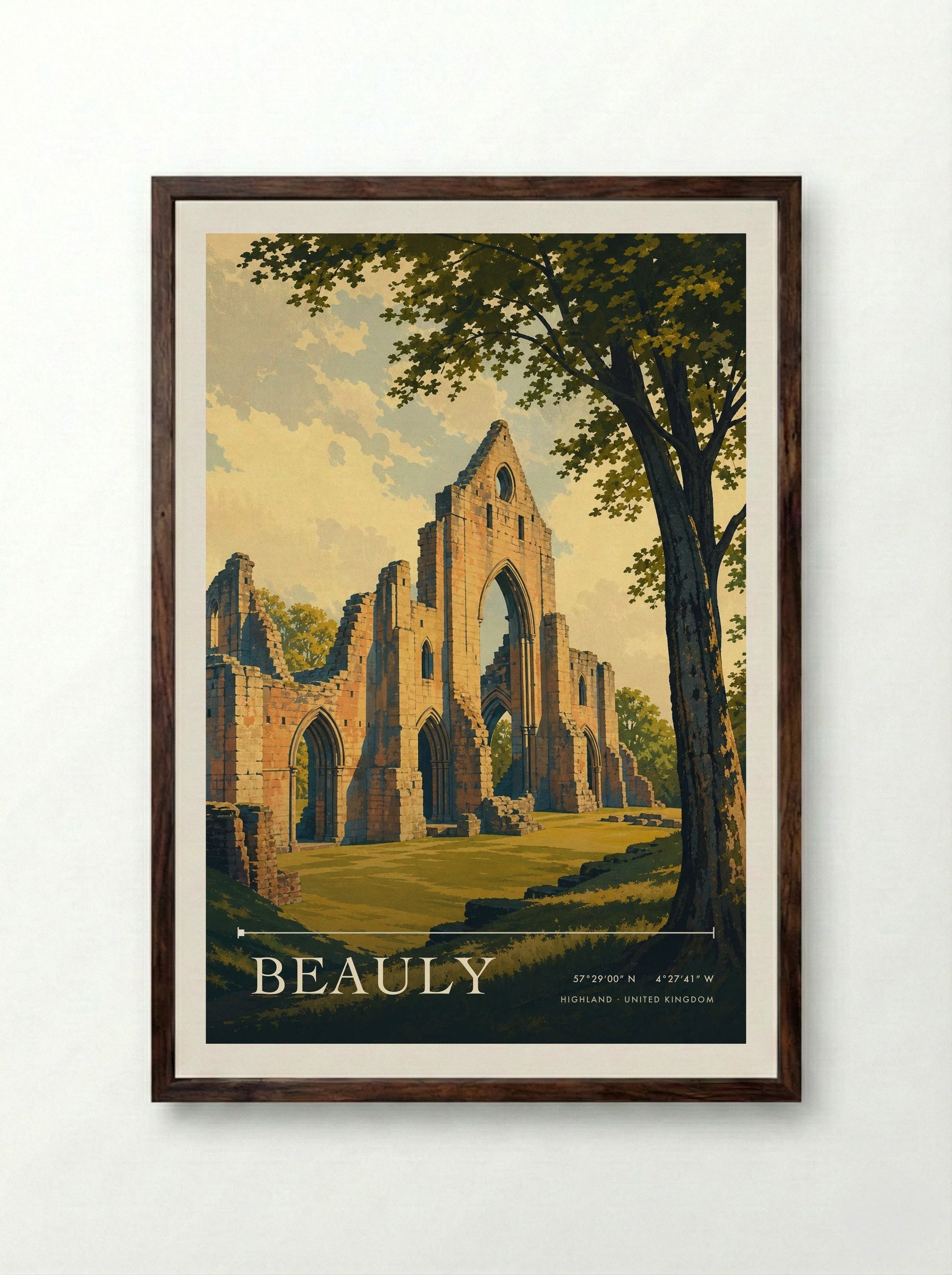 Beauly Highland United Kingdom Travel Poster - Framed Print Dark Wood