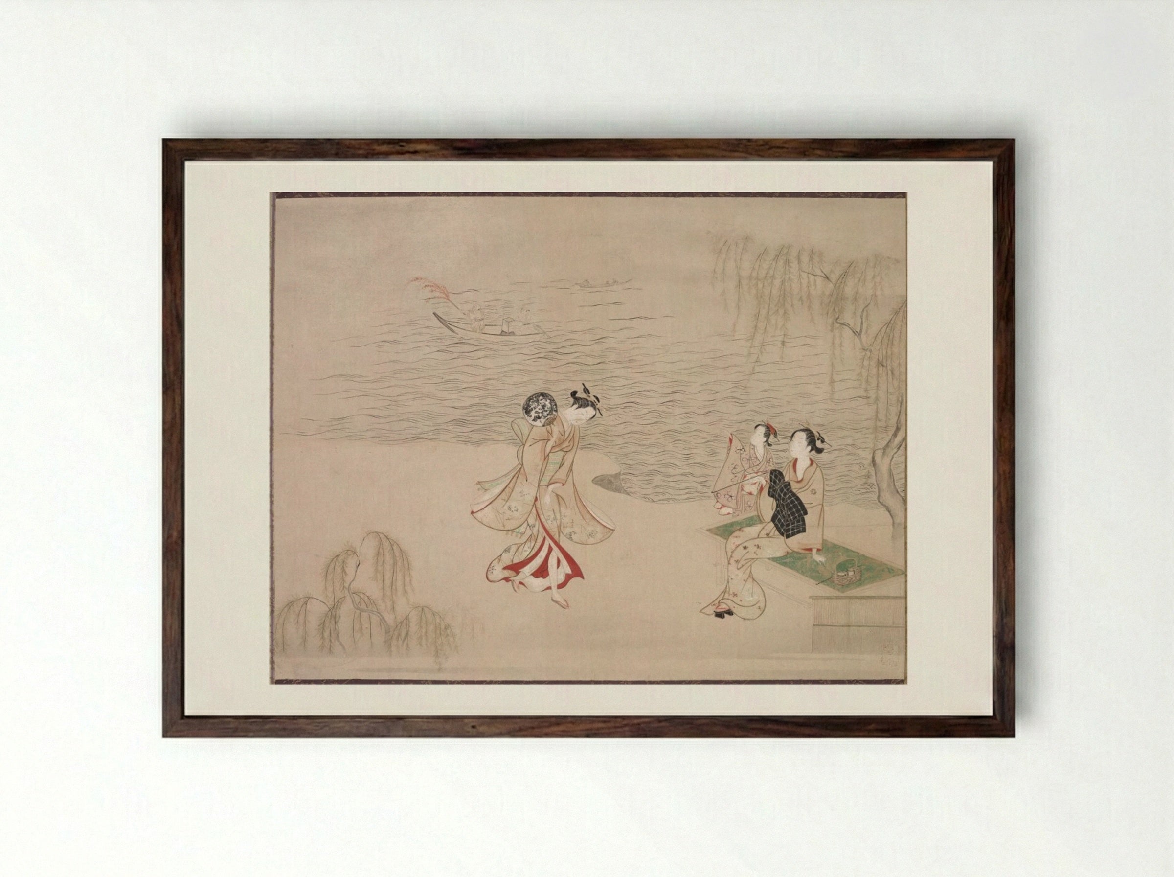 Beauties at the Seashore - Ippitsusai Bunchō - Framed Print Dark Wood