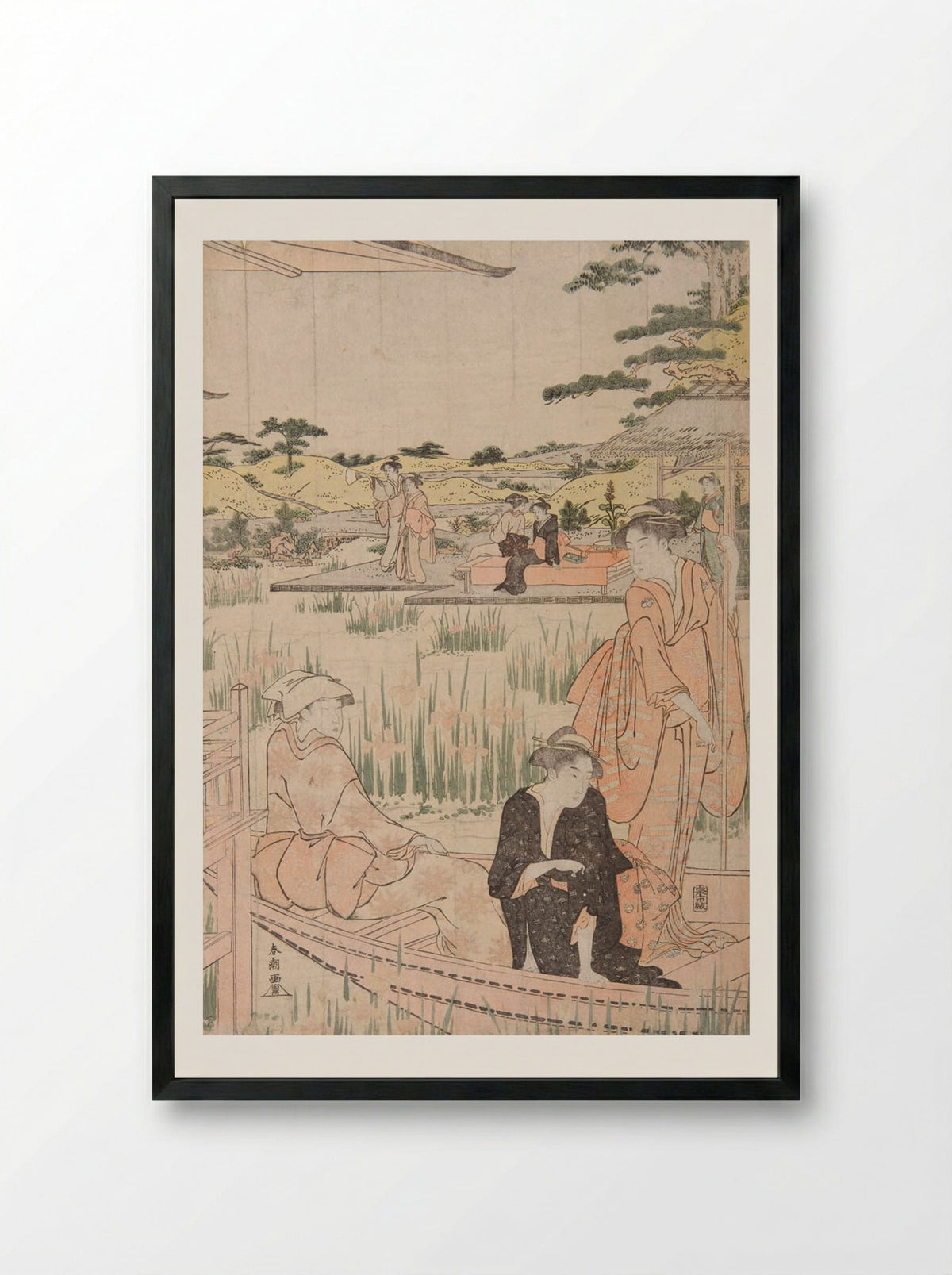 Beauties on Verandah Admiring Iris Pond - Katsukawa Shunkō - Framed Print Black