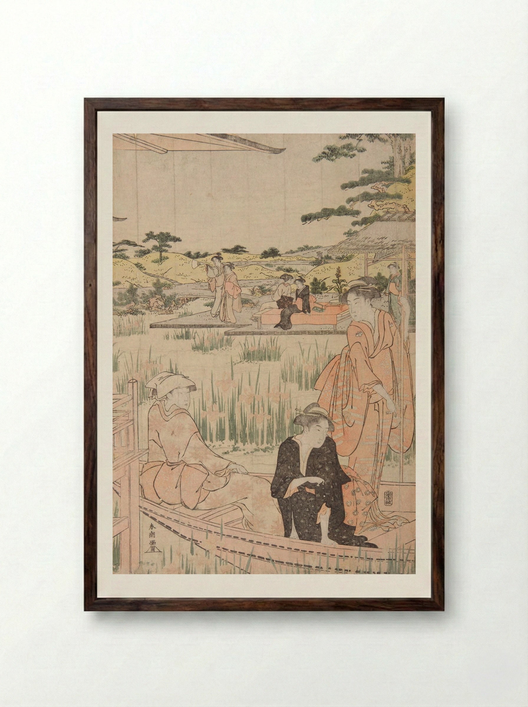 Beauties on Verandah Admiring Iris Pond - Katsukawa Shunkō - Framed Print Dark Wood