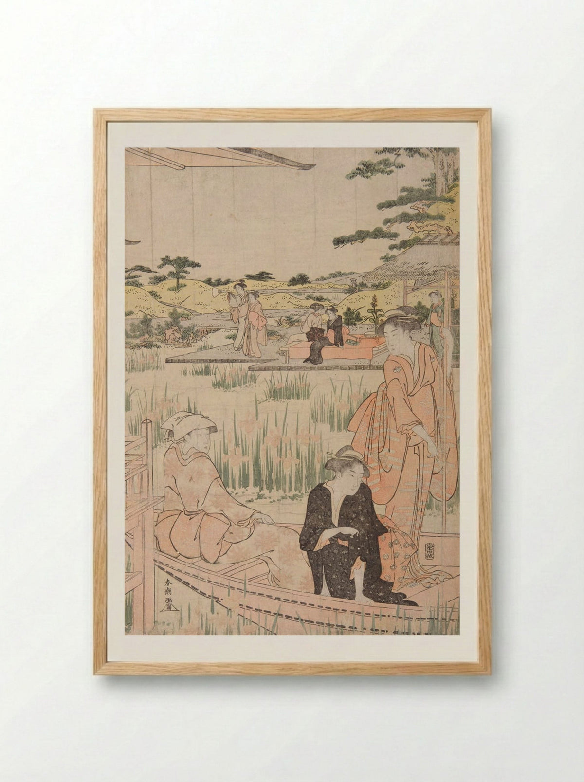 Beauties on Verandah Admiring Iris Pond - Katsukawa Shunkō - Framed Print Wood