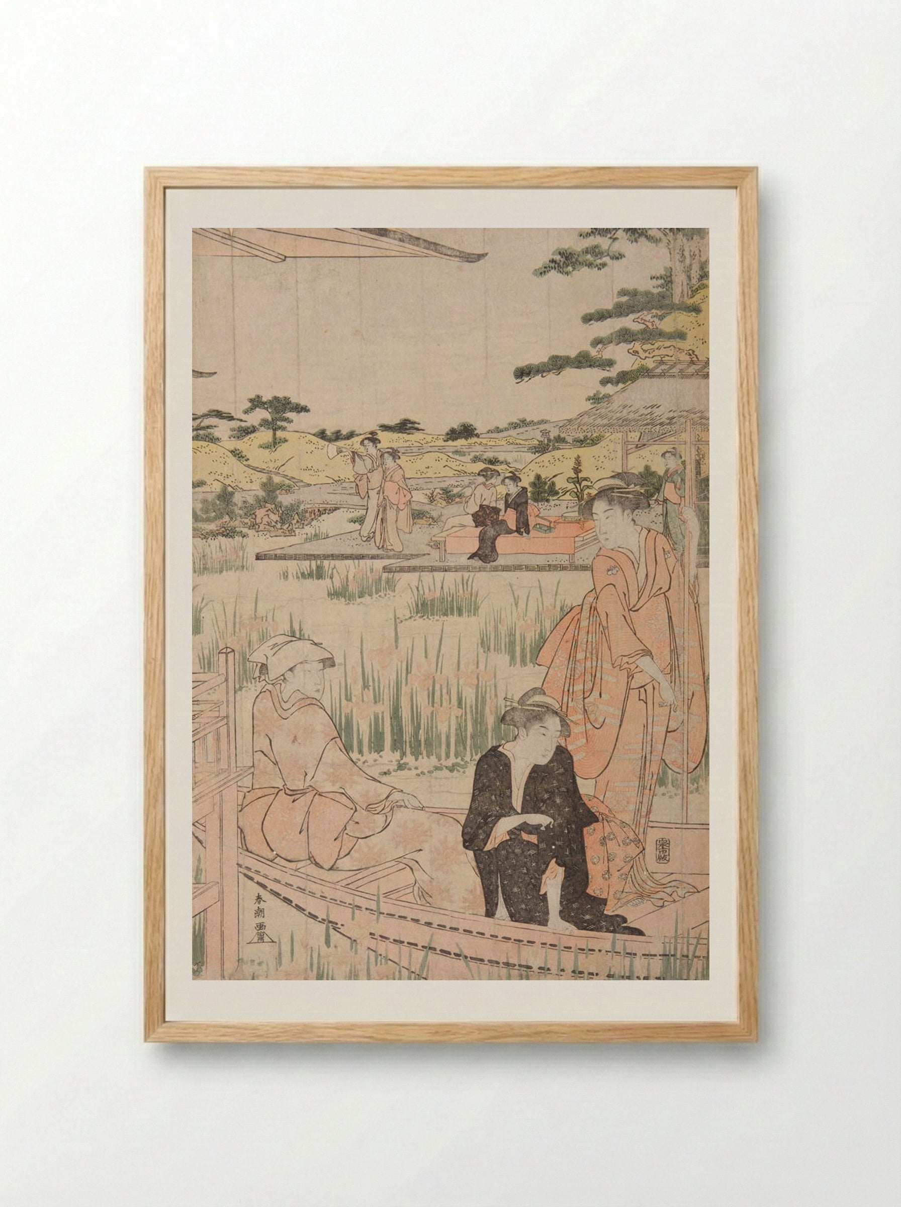 Beauties on Verandah Admiring Iris Pond - Katsukawa Shunkō - Framed Print Wood