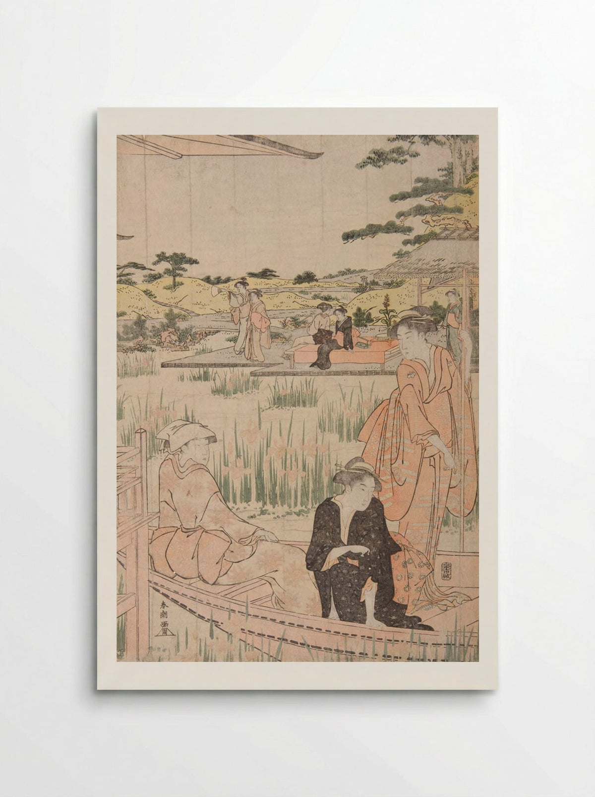 Beauties on Verandah Admiring Iris Pond - Katsukawa Shunkō - Poster