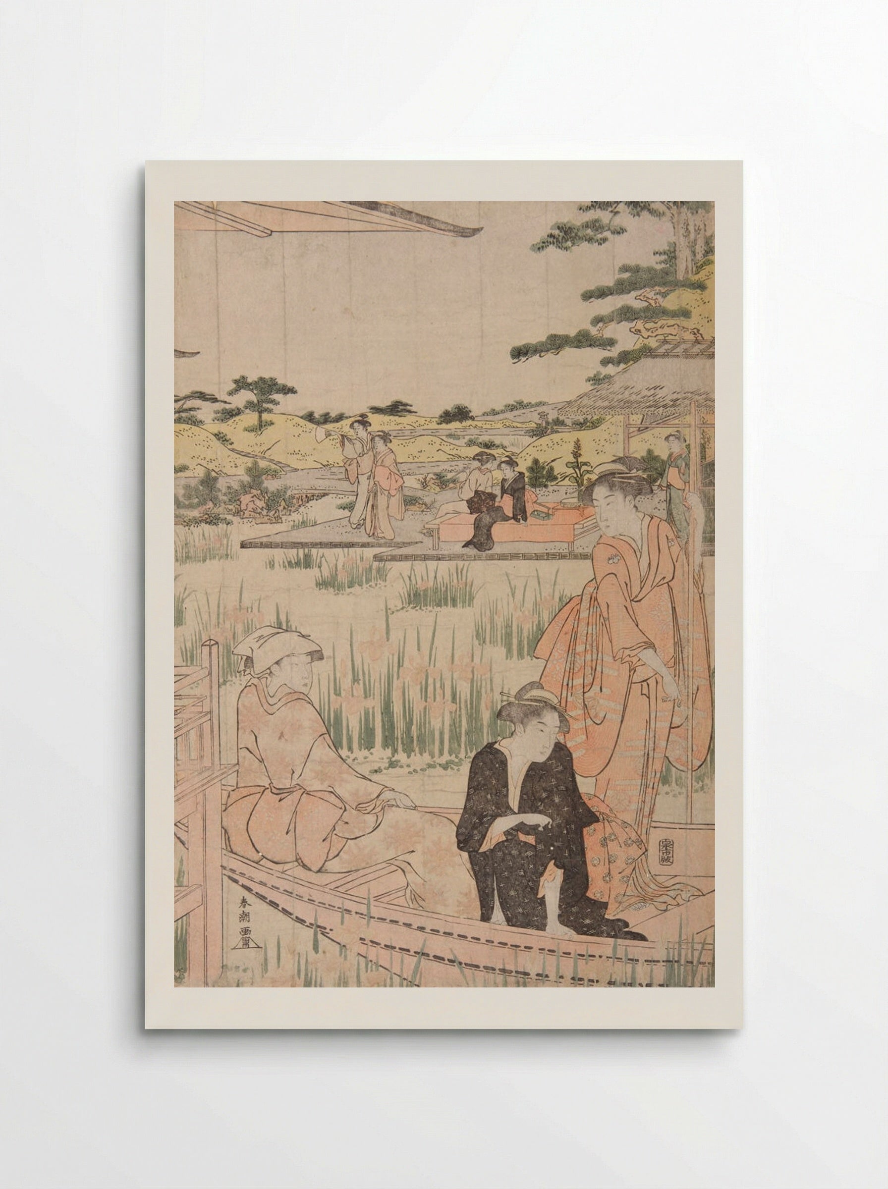 Beauties on Verandah Admiring Iris Pond - Katsukawa Shunkō - Poster