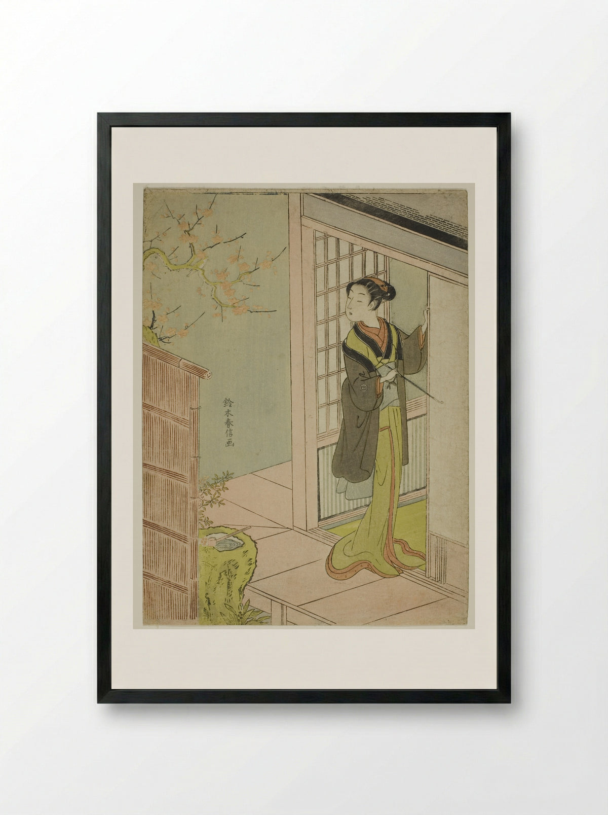 Beauty Admiring a Bush Warbler Singing in a Plum Tree - Suzuki Harunobu - Framed Print Black