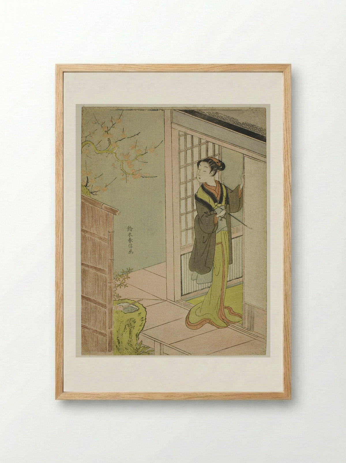 Beauty Admiring a Bush Warbler Singing in a Plum Tree - Suzuki Harunobu - Framed Print Wood