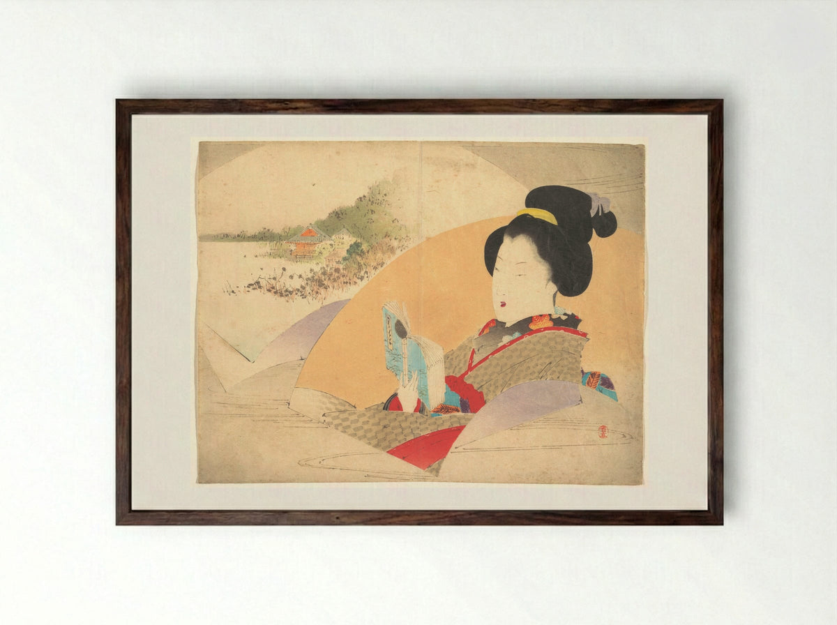 Beauty Looking at Shinobazu Pond - Watanabe Seitei - Framed Print Dark Wood