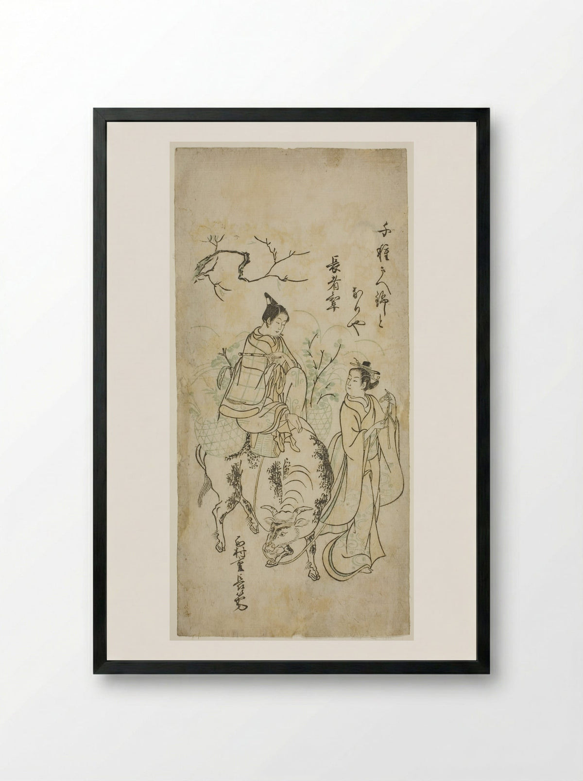 Beauty and Young Man Riding an Ox - Nishimura Shigenaga - Framed Print Black