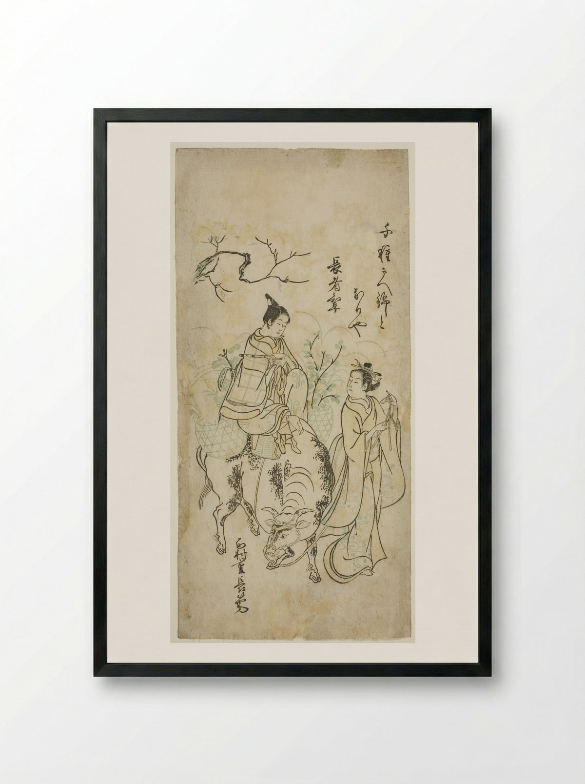Beauty and Young Man Riding an Ox - Nishimura Shigenaga - Framed Print Black