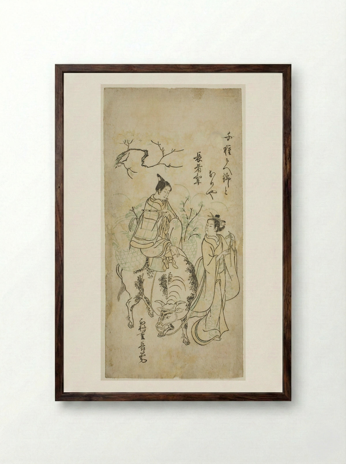 Beauty and Young Man Riding an Ox - Nishimura Shigenaga - Framed Print Dark Wood