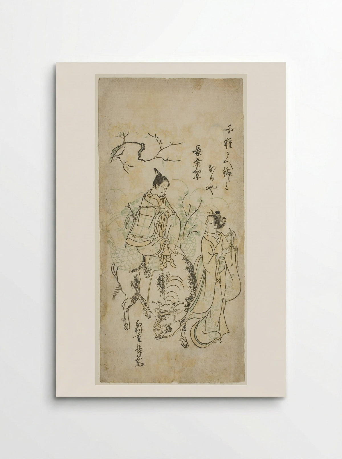 Beauty and Young Man Riding an Ox - Nishimura Shigenaga - Poster