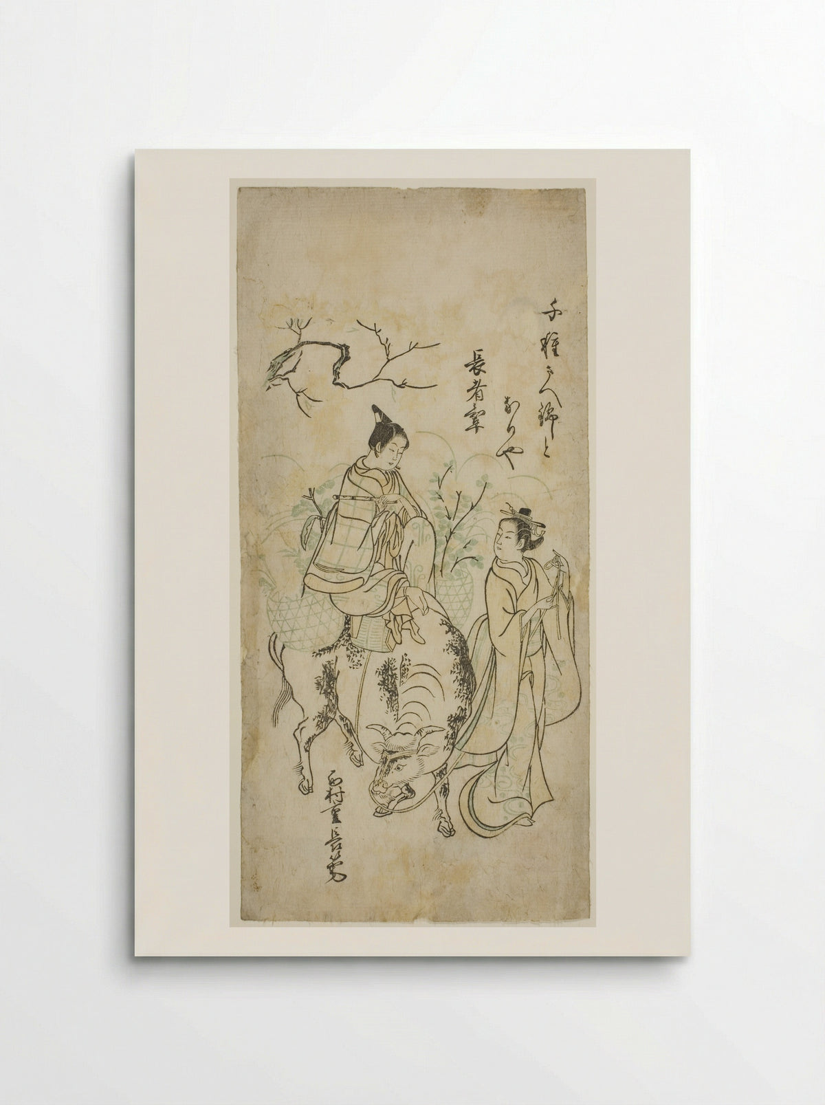 Beauty and Young Man Riding an Ox - Nishimura Shigenaga - Poster
