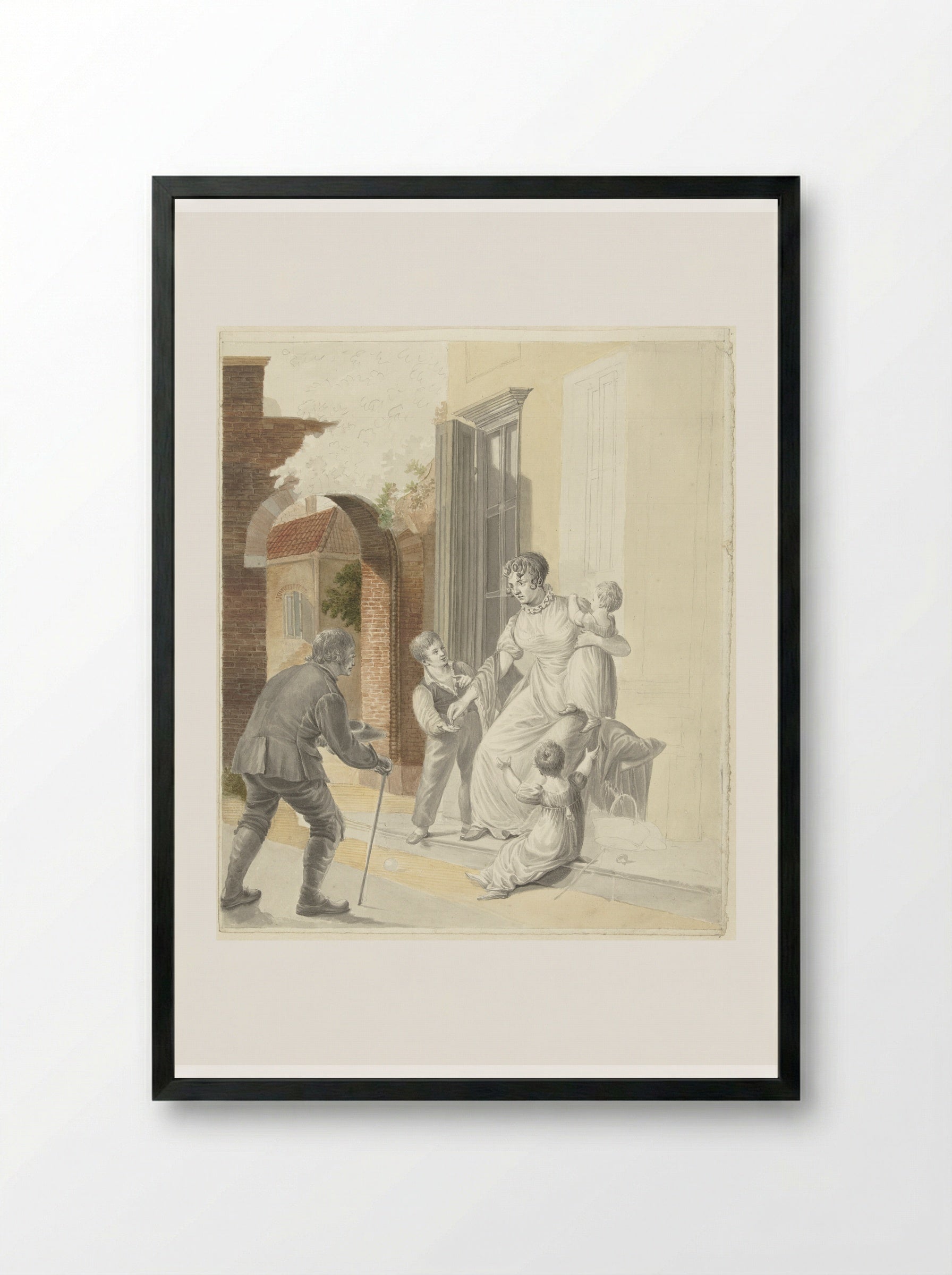 Bedelaar ontvangt een aalmoes van een dame - Pieter Bartholomeusz. Barbiers - Framed Print Black