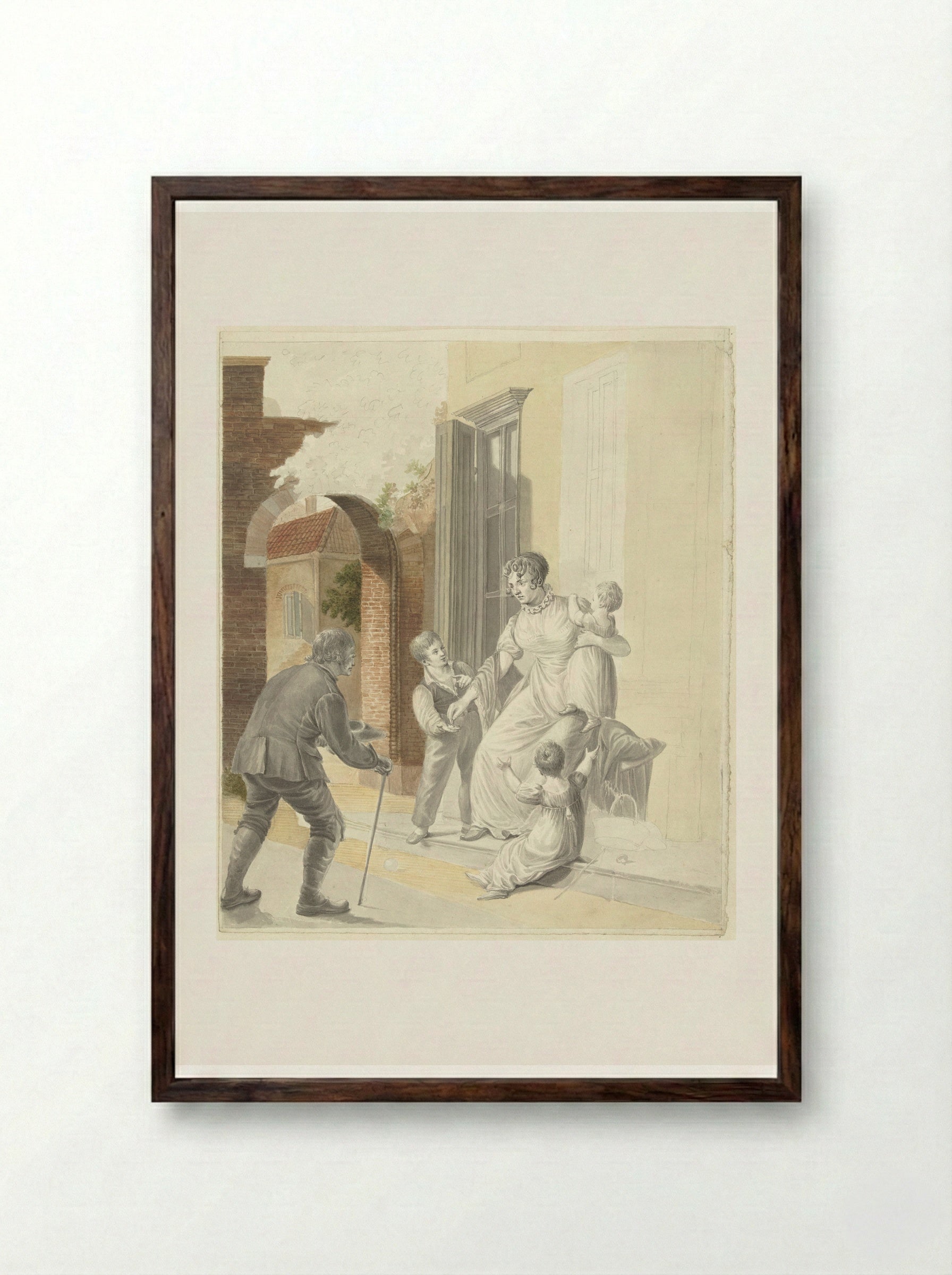 Bedelaar ontvangt een aalmoes van een dame - Pieter Bartholomeusz. Barbiers - Framed Print Dark Wood