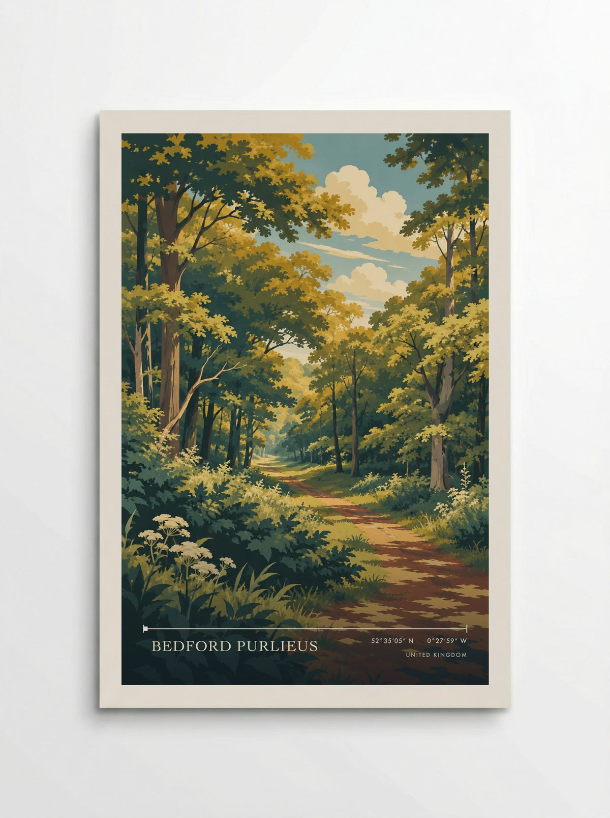 Bedford Purlieus travel poster: a reddish woodland track, tall trees and white wildflowers beneath golden summer light and a dense green canop