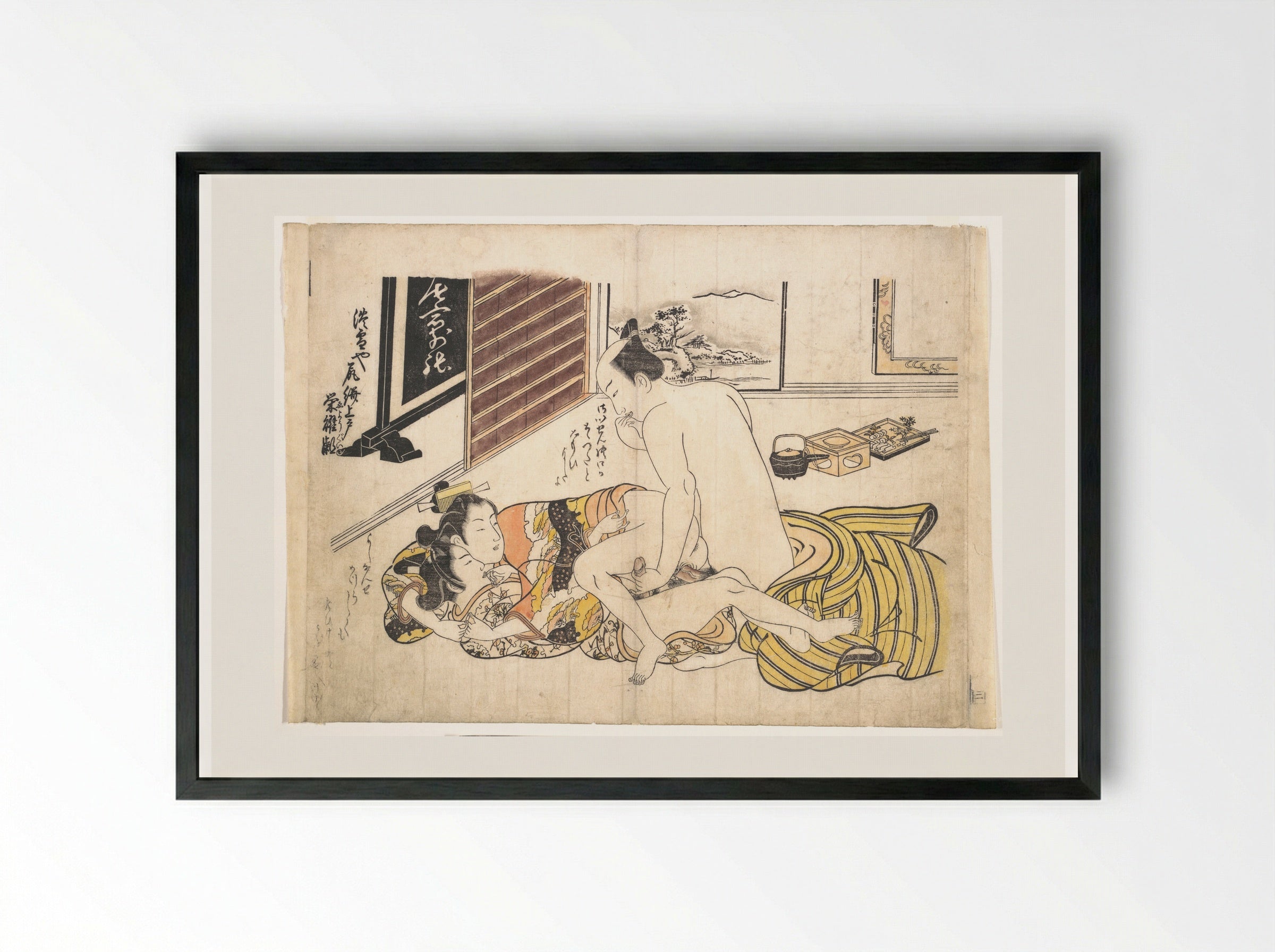Bedroom Scene (Shunga Woodblock Print) - Okumura Masanobu - Framed Print Black