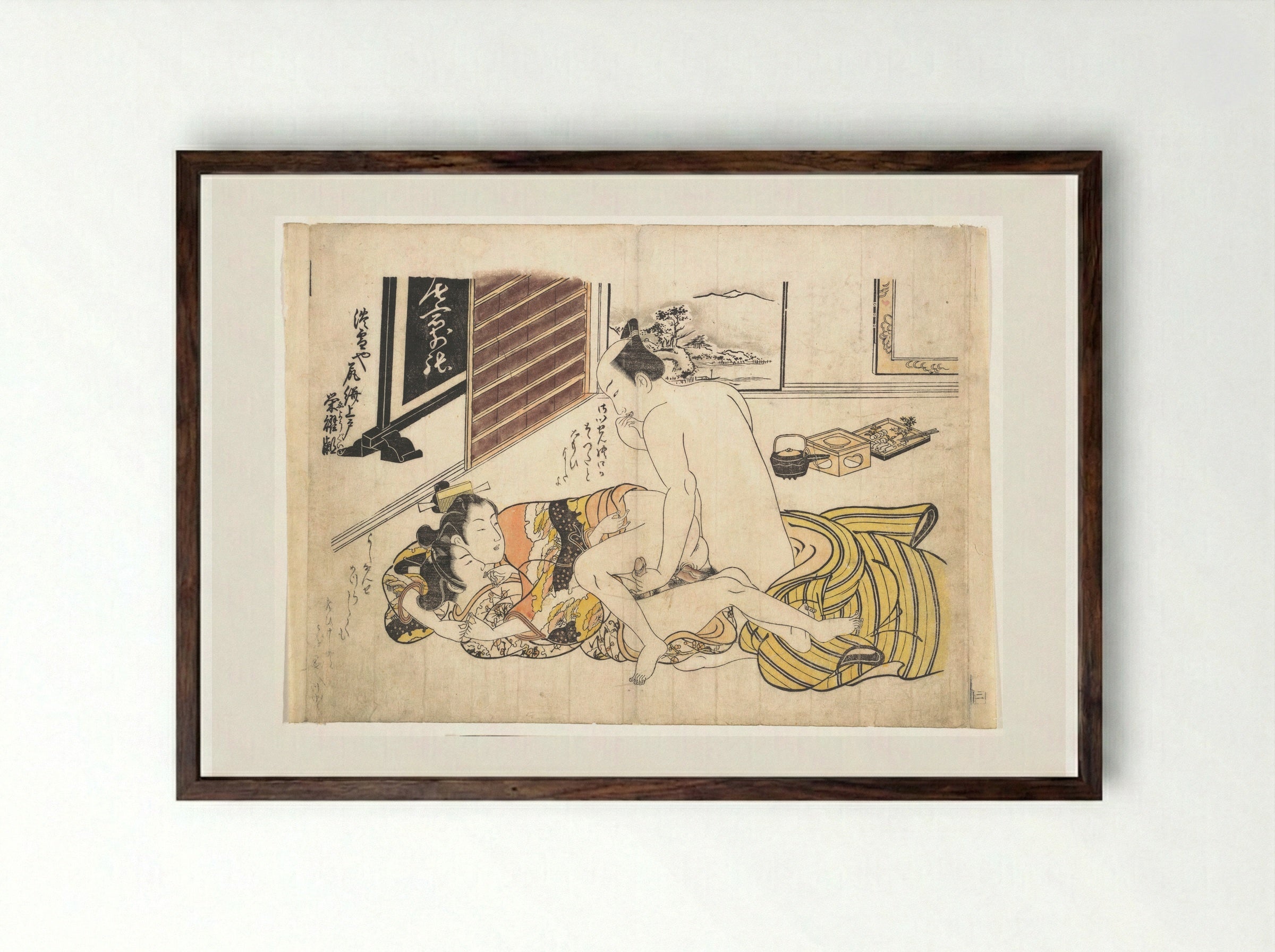 Bedroom Scene (Shunga Woodblock Print) - Okumura Masanobu - Framed Print Dark Wood