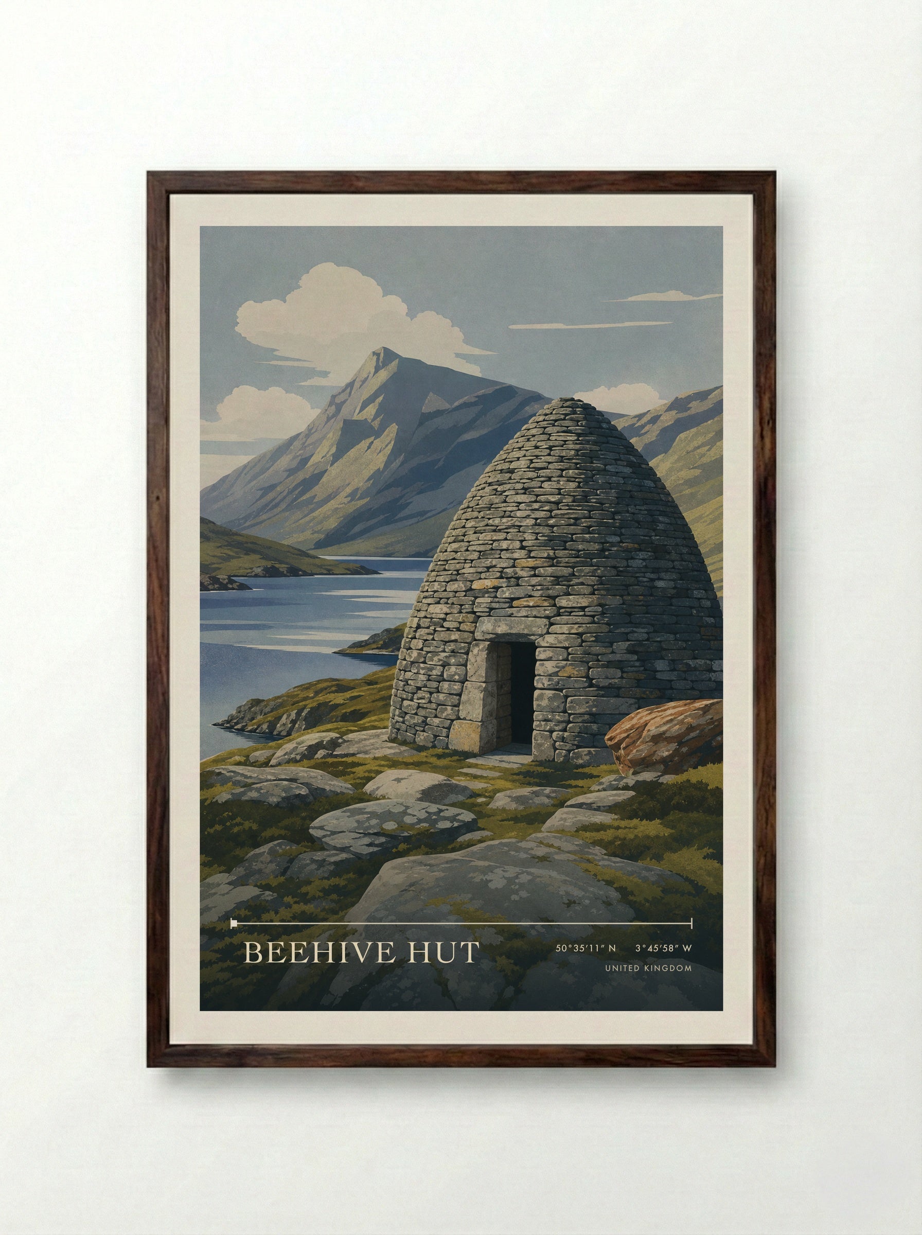 Beehive Hut United Kingdom Travel Poster - Framed Print Dark Wood