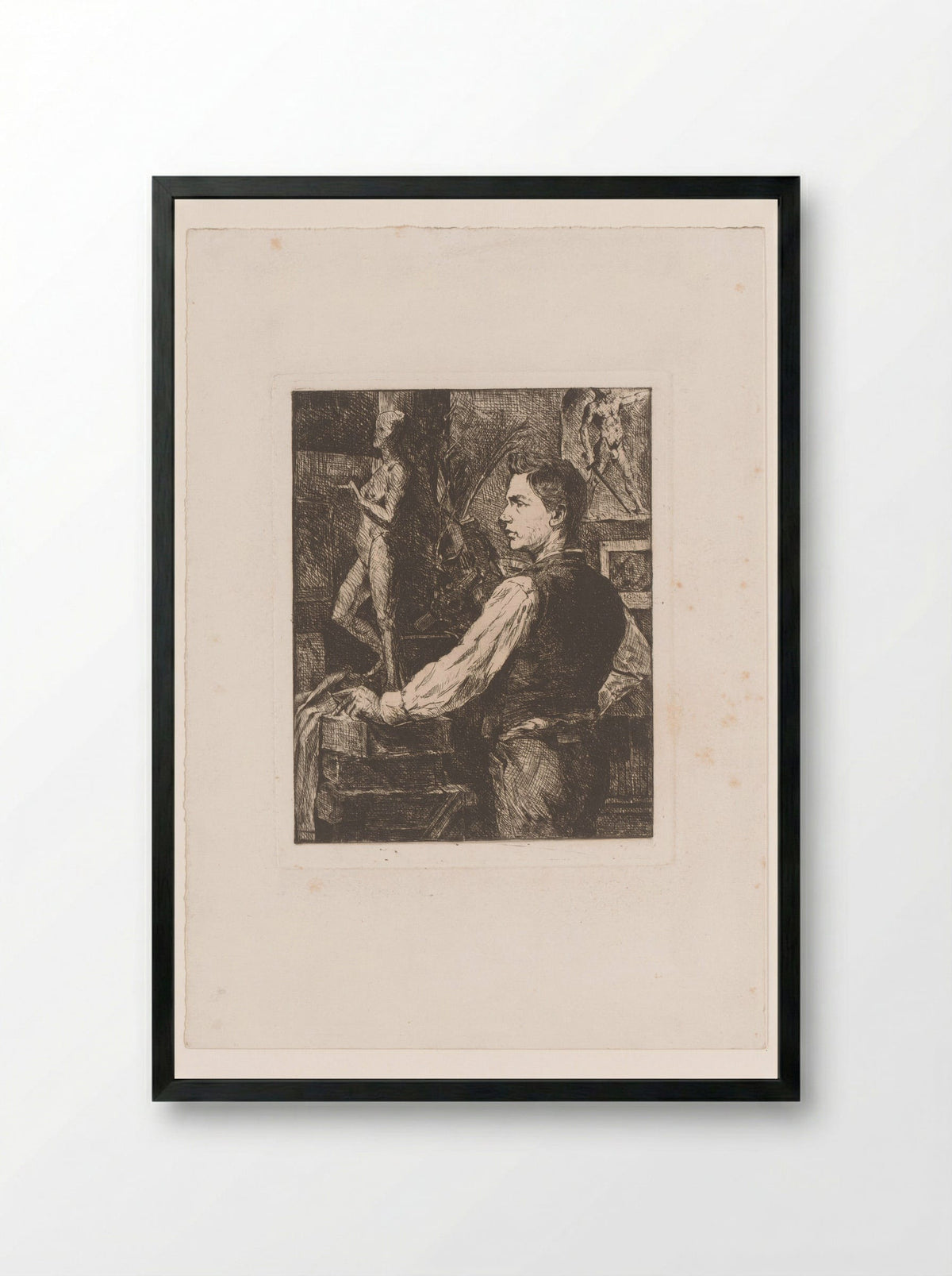 Beeldhouwer in zijn werkplaats - Josué Dupon - Framed Print Black