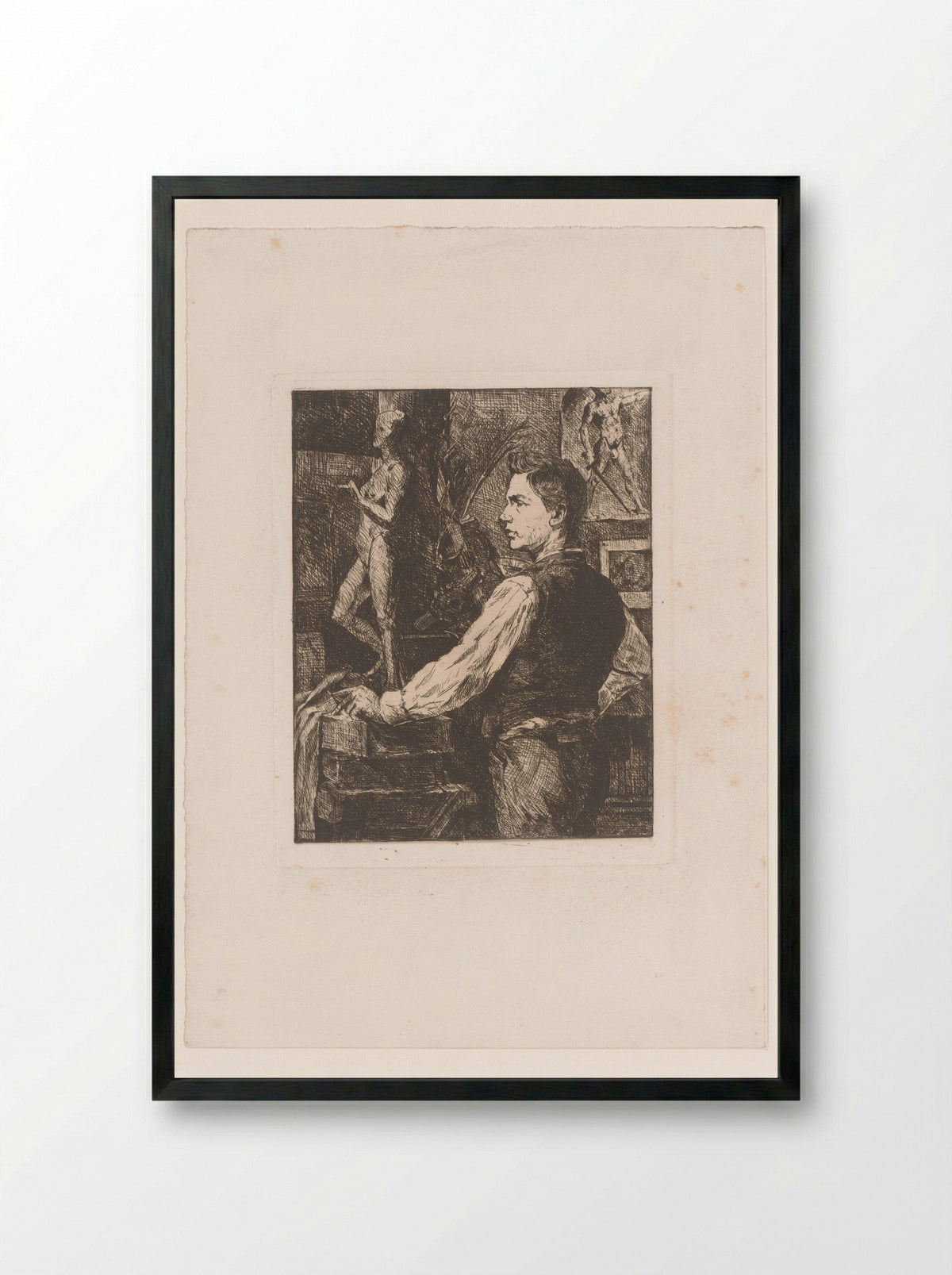 Beeldhouwer in zijn werkplaats - Josué Dupon - Framed Print Black