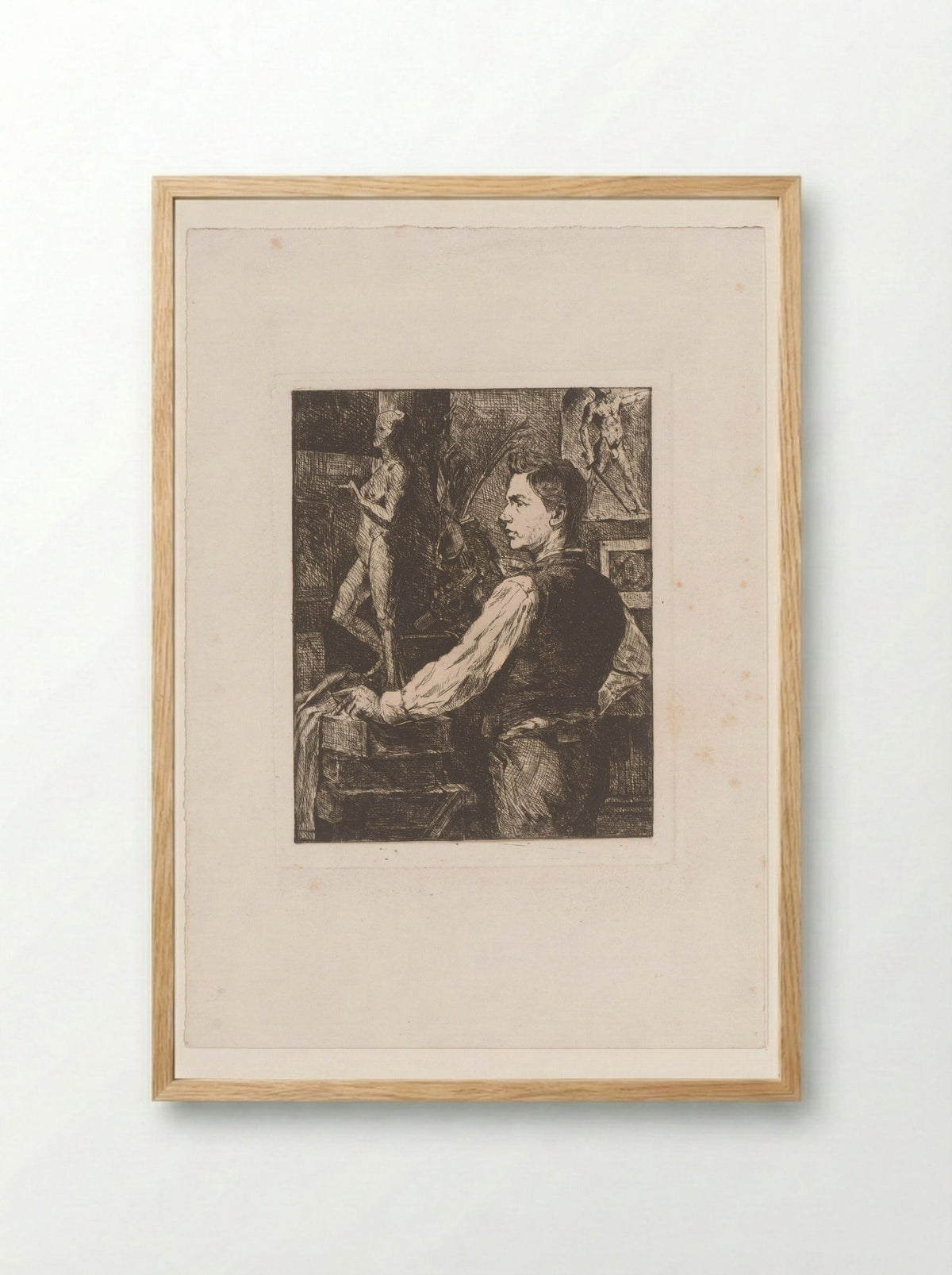 Beeldhouwer in zijn werkplaats - Josué Dupon - Framed Print Wood