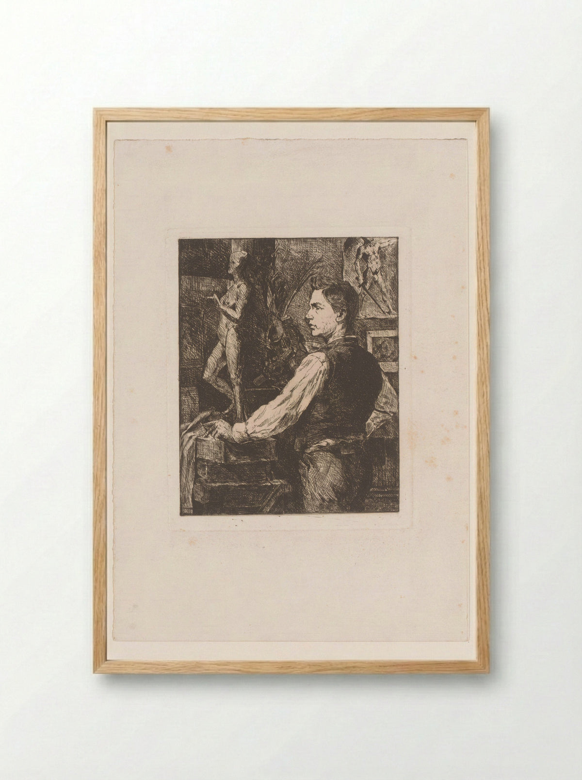 Beeldhouwer in zijn werkplaats - Josué Dupon - Framed Print Wood