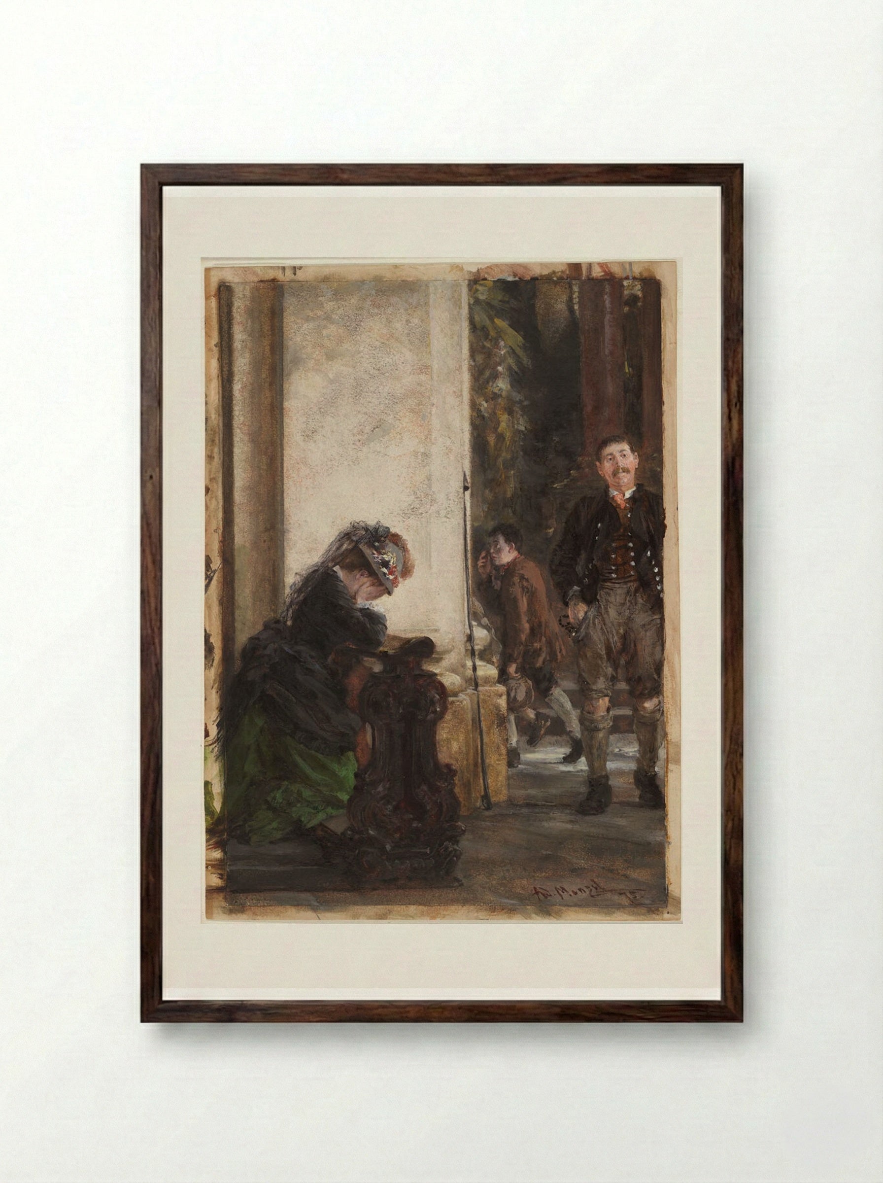 Before Confession - Adolph Menzel - Framed Print Dark Wood