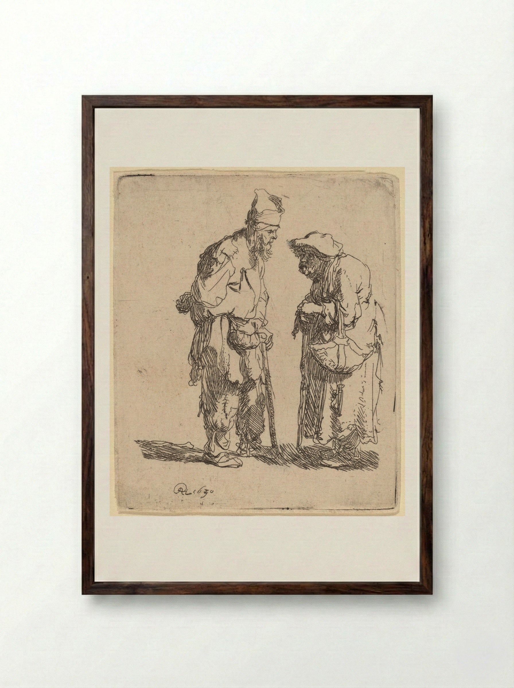 Beggar Man and Beggar Woman Conversing - Rembrandt Harmensz. van Rijn - Framed Print Dark Wood