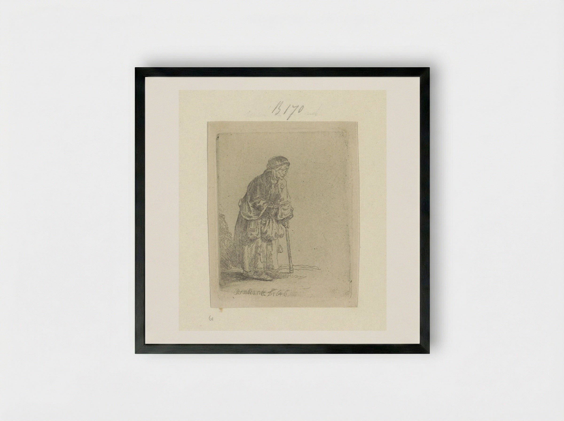Beggar Woman Leaning on a Stick - Rembrandt van Rijn - Framed Print Black