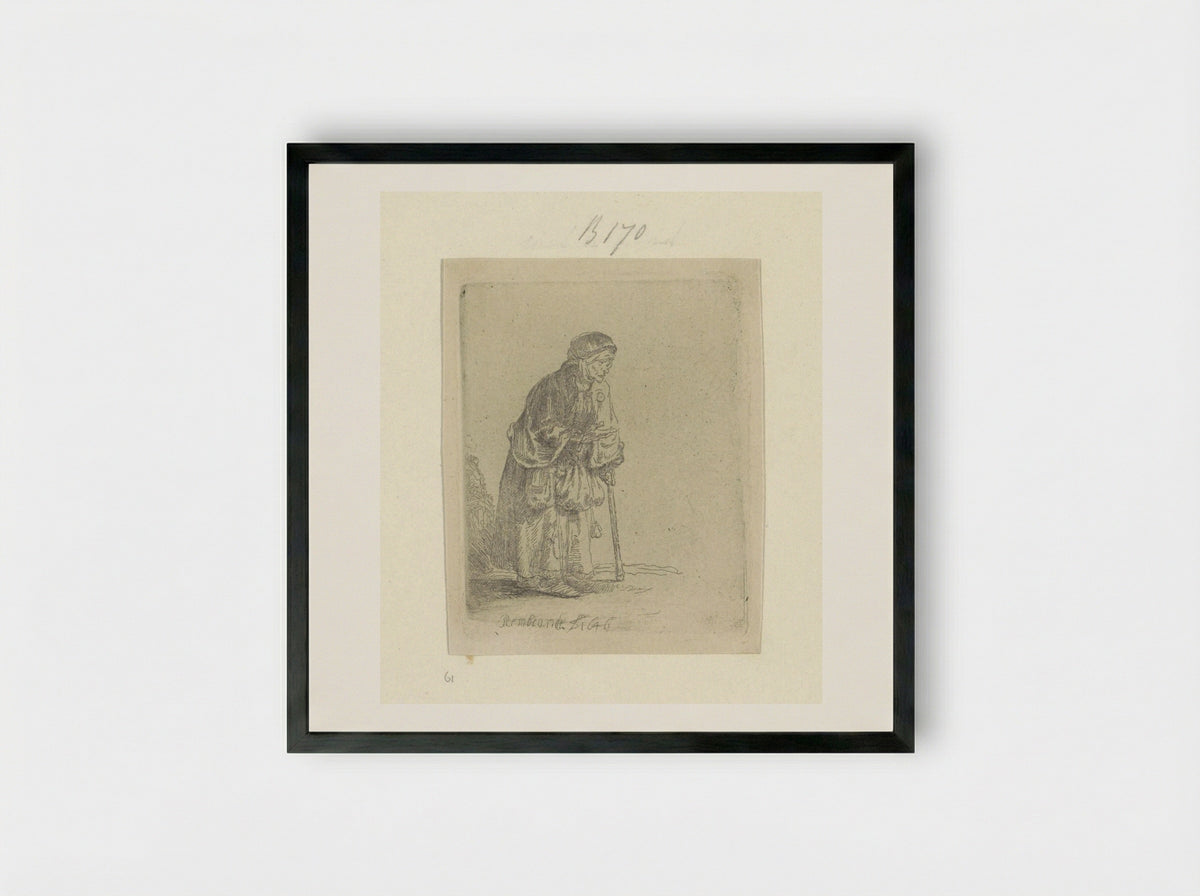 Beggar Woman Leaning on a Stick - Rembrandt van Rijn - Framed Print Black