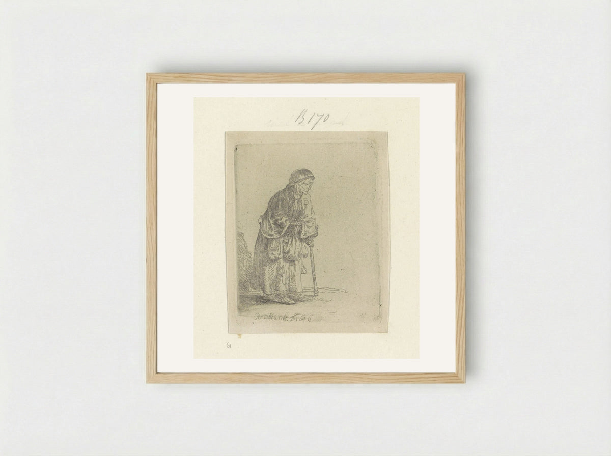 Beggar Woman Leaning on a Stick - Rembrandt van Rijn - Framed Print Wood