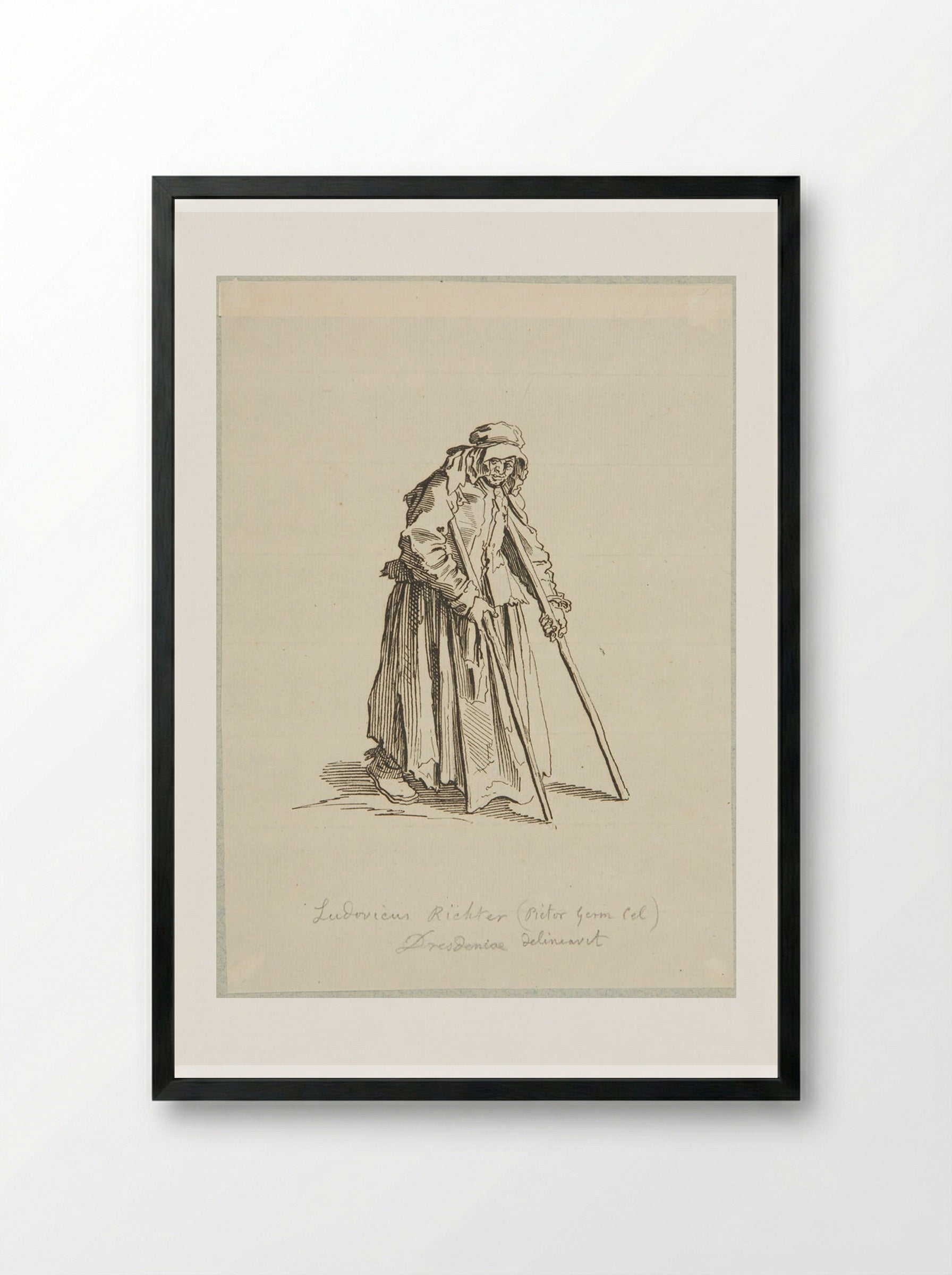 Beggar Woman on Crutches, after Callot - Adrian Ludwig Richter - Framed Print Black