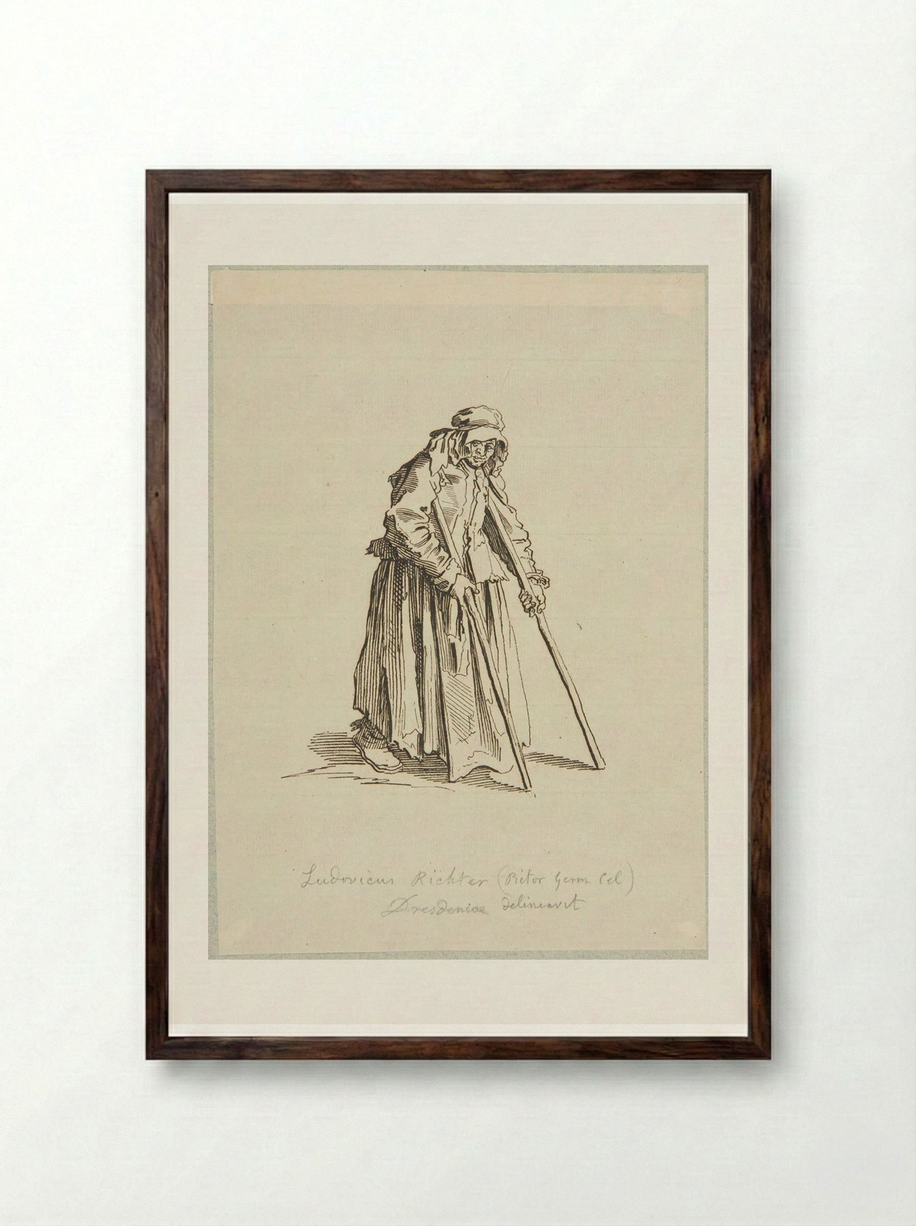 Beggar Woman on Crutches, after Callot - Adrian Ludwig Richter - Framed Print Dark Wood