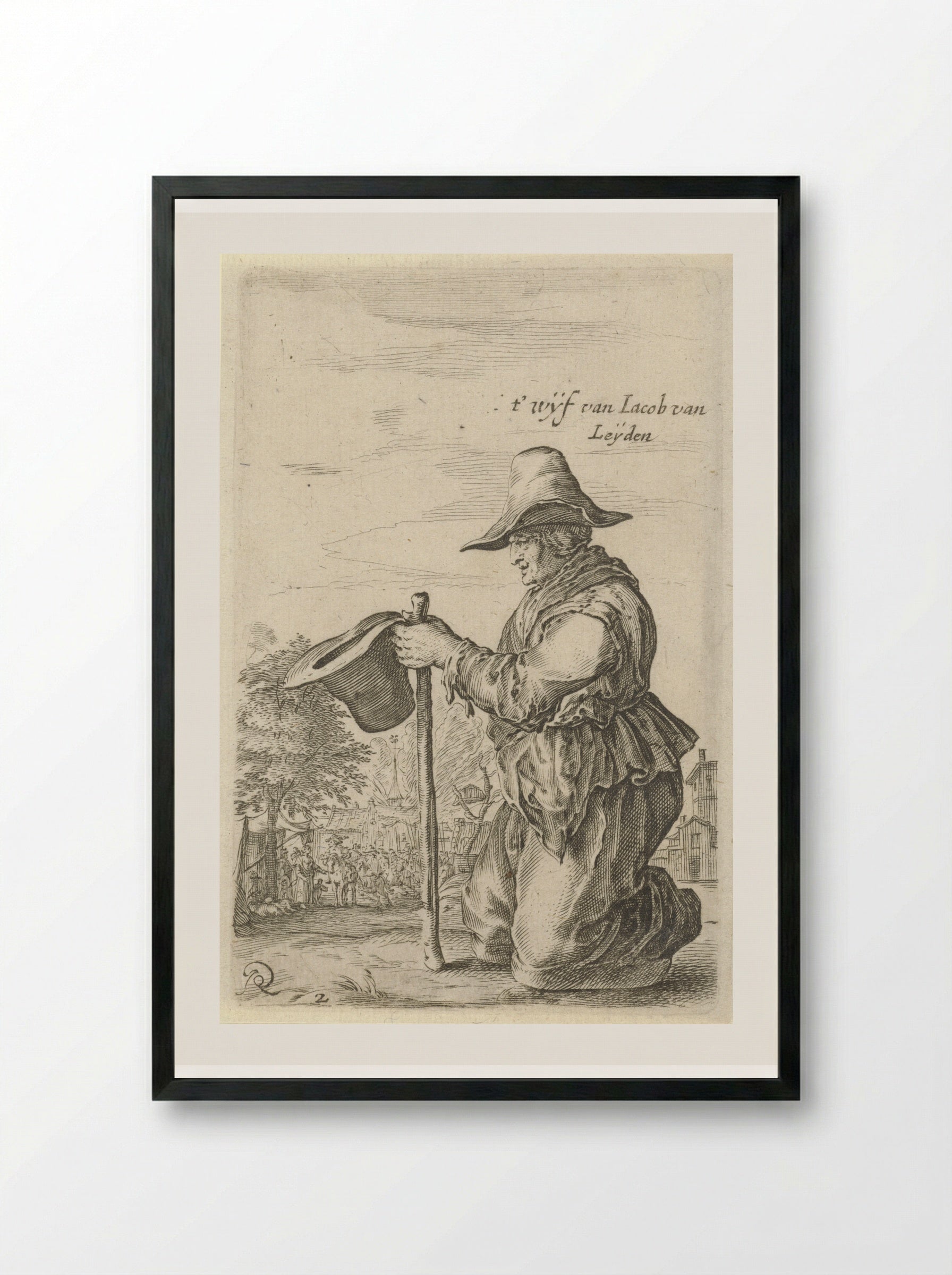 Begging Woman with a Staff and Hat - Salomon Savery - Framed Print Black