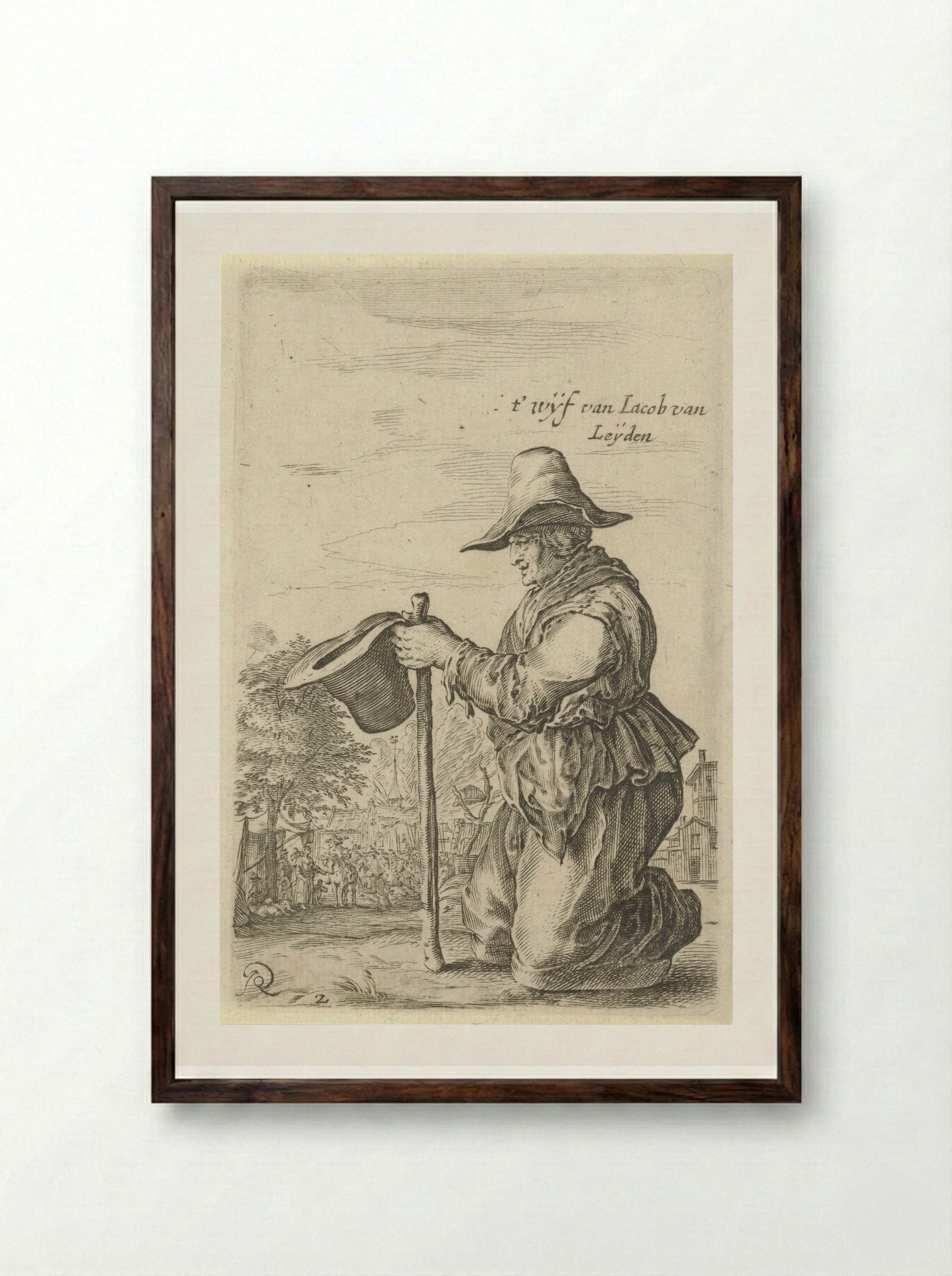 Begging Woman with a Staff and Hat - Salomon Savery - Framed Print Dark Wood