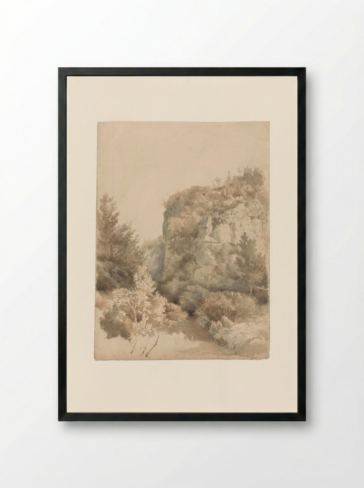 Begroeid dal met een hoge rots en een beek - Lodewijk Johannes Kleijn - Framed Print Black