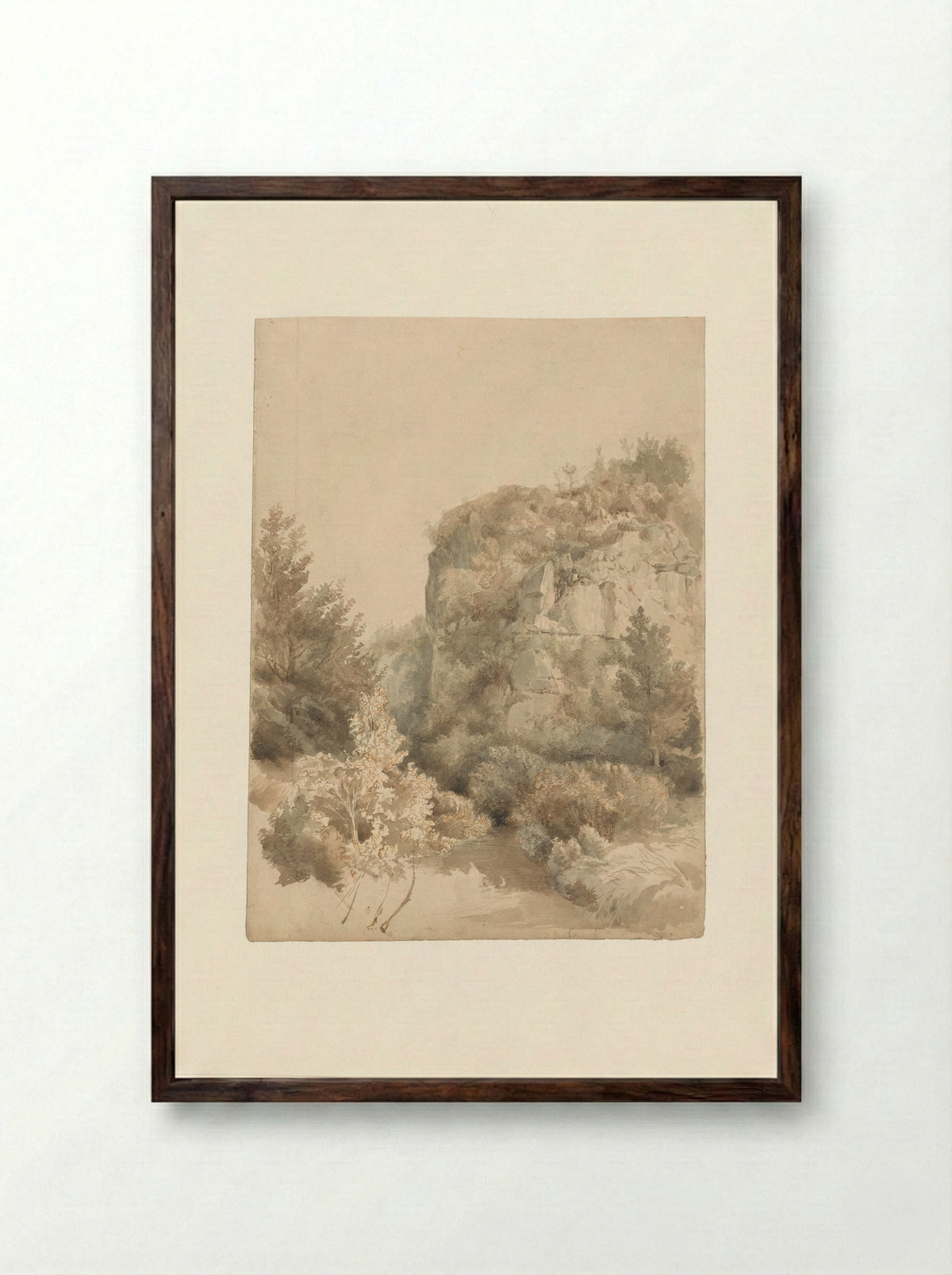 Begroeid dal met een hoge rots en een beek - Lodewijk Johannes Kleijn - Framed Print Dark Wood