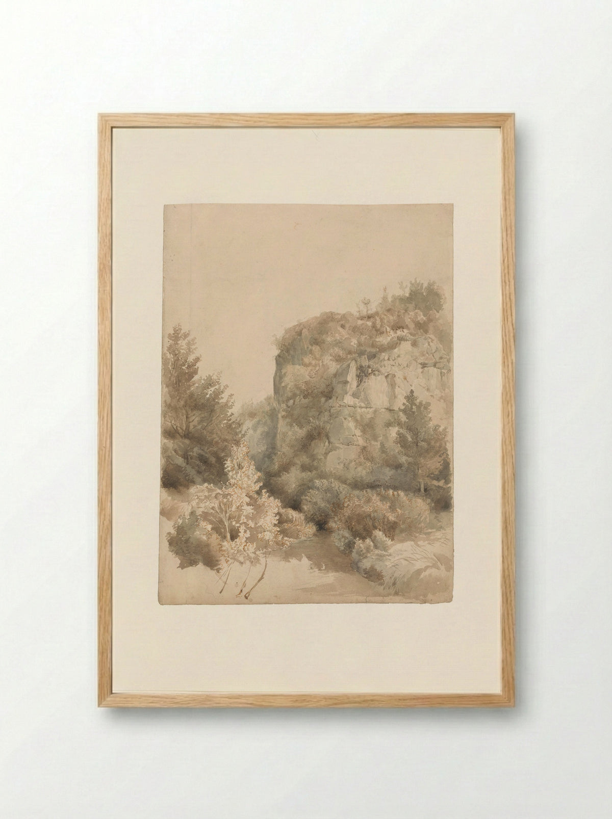 Begroeid dal met een hoge rots en een beek - Lodewijk Johannes Kleijn - Framed Print Wood